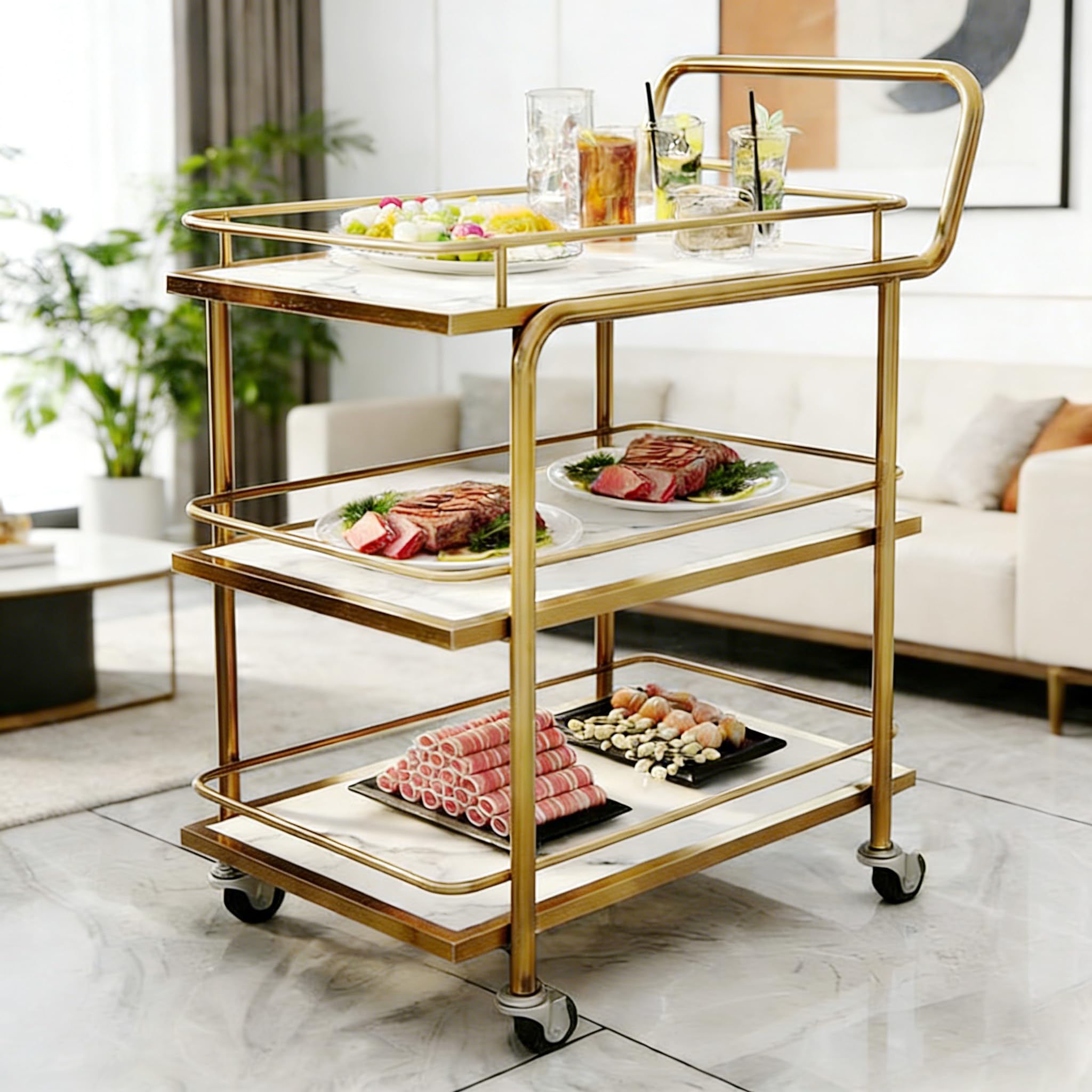 Carrello Bar con parapetto – 3 Ripiani di Servizio su Ruote bloccabili, Bevande Dorate per casa e Feste, Carrello portaoggetti in Legno e Metallo per Cucina