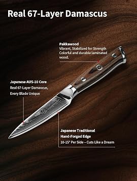 Damascus Paring Knife - Collectible 3.5 Inch Utility Knife with Pakkawood Handle, Japanese High Carbon Steel Blade, Small Fruit & Vegetable Knives for Kitchen, Outdoor, Camping, or Gift Use