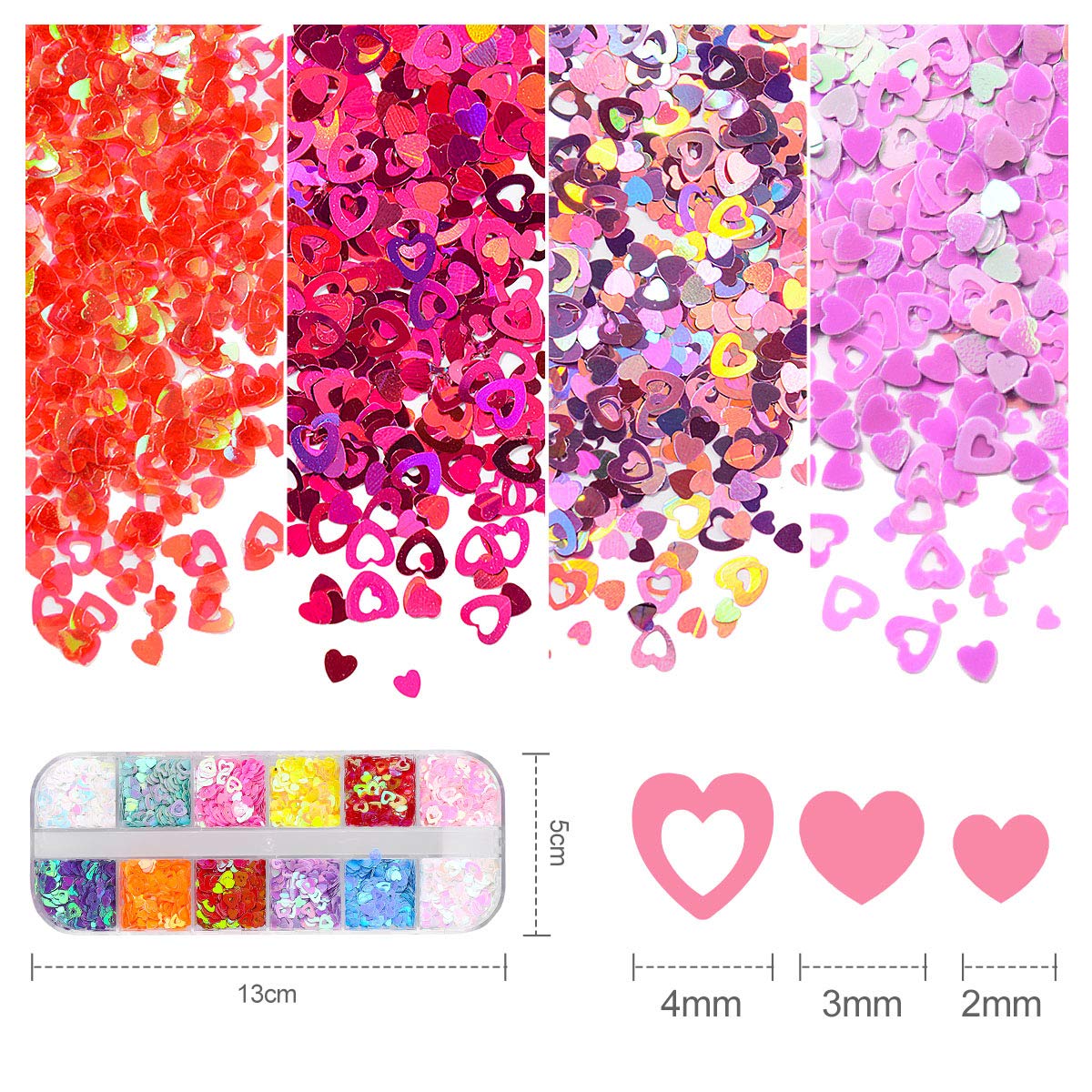 Warmfits Nail Art Heart Glitter 24 Colors Holographic Sparky Mixed Heart & Hollow Heart Shaped Nail Sequins 4mm 3mm 2mm Various Size for Acrylic Nail Decoration Eye Face Body DIY Crafts (Pattern A) : Beauty & Personal Care