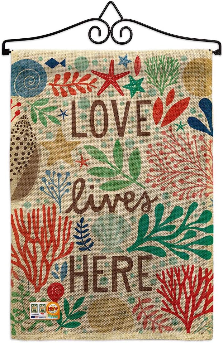 Love Lives Here Garden Flag Set Wall Holder Coastal Beach Tropical Sea Shells Ocean Sand Outdoor Summer Coral Small Decorative Gift Yard House Banner Double-Sided Made In USA 13 X 18.5