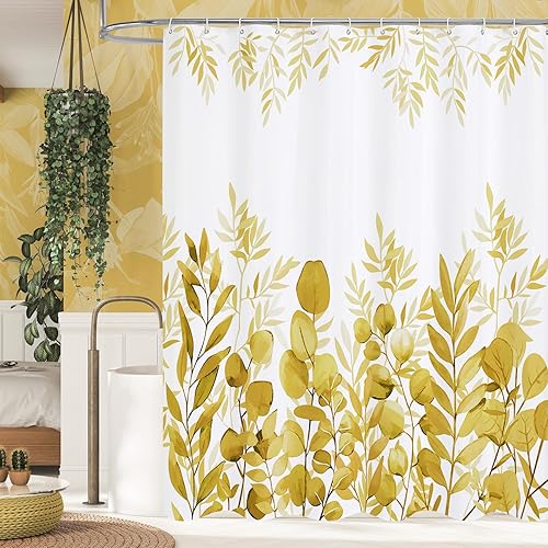 MitoVilla Cortina de ducha de eucalipto de otoño amarillo, cortinas de ducha de tela de hojas de plantas para decoración rústica de baño vintage,