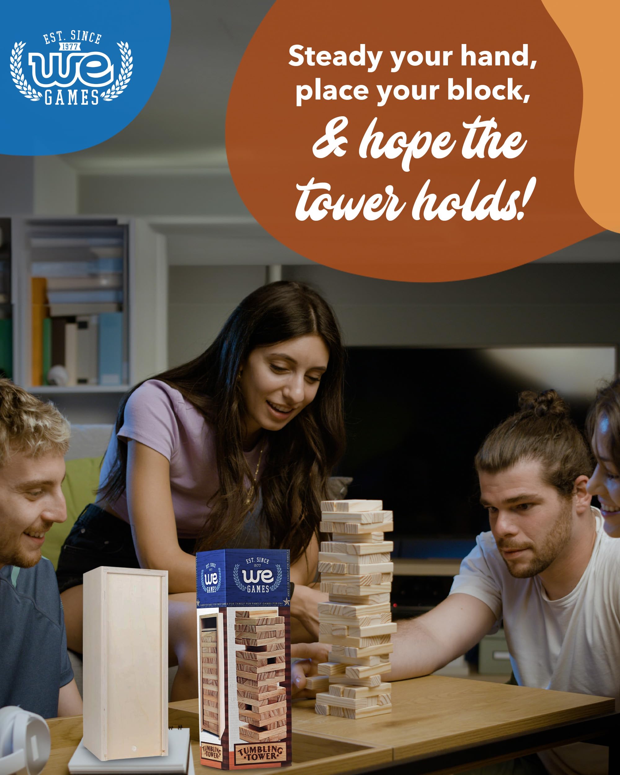 WE Games Wooden Block Stacking Party Game for Adults, Tumble Tower Wedding Guest Book Alternative, Tabletop Games, Includes Storage Case, 12 inches