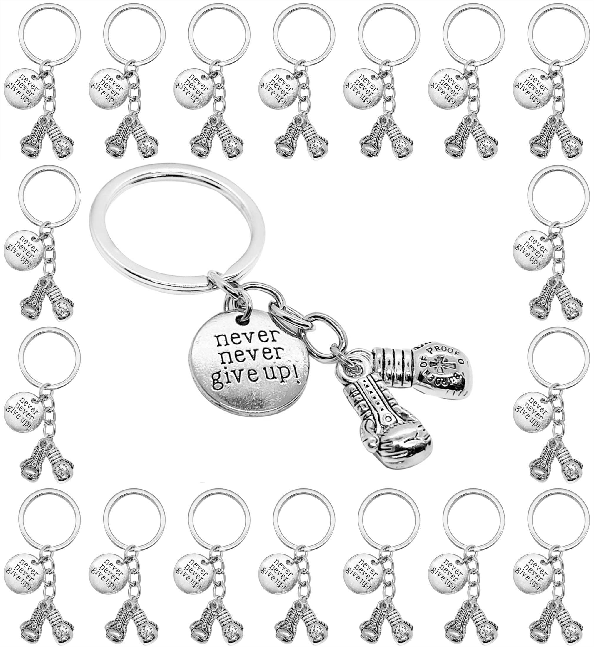 20PCS Never Give Up Boxing Keychain Boxing Gloves Charm Keyring Inspirational Gifts for Boxers Boxing Coach Boxing Keychain Fitness Gifts Boxer Fan GiftSport Lover