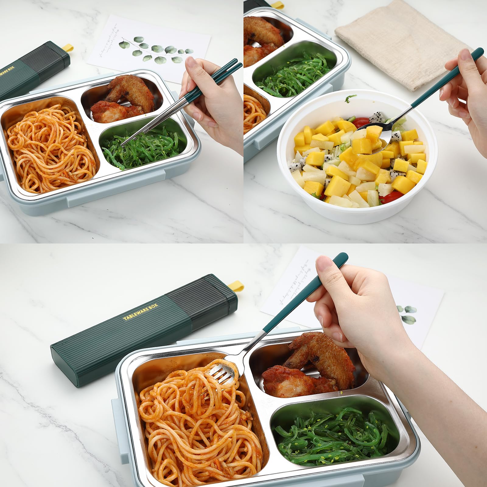 DEVICO Travel Utensils with Case, Stainless Steel Reusable Camping Silverware Set for Lunch Box, Portable Cutlery Kit Includes Fork, Spoon, Chopsticks (Dark Green)