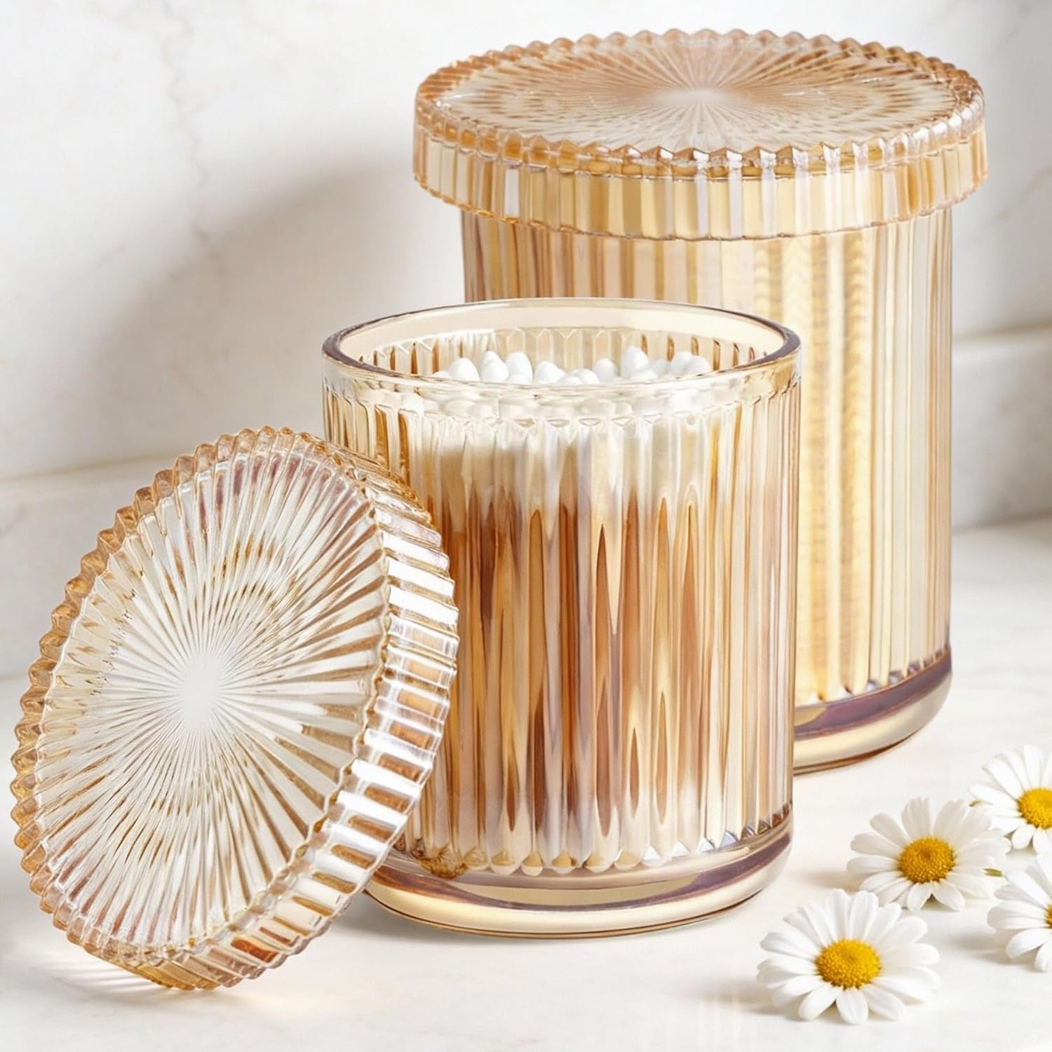 2 Pack Glass Qtip Holder Dispenser Set – Bathroom Organizer for Cotton Swabs, Ba…