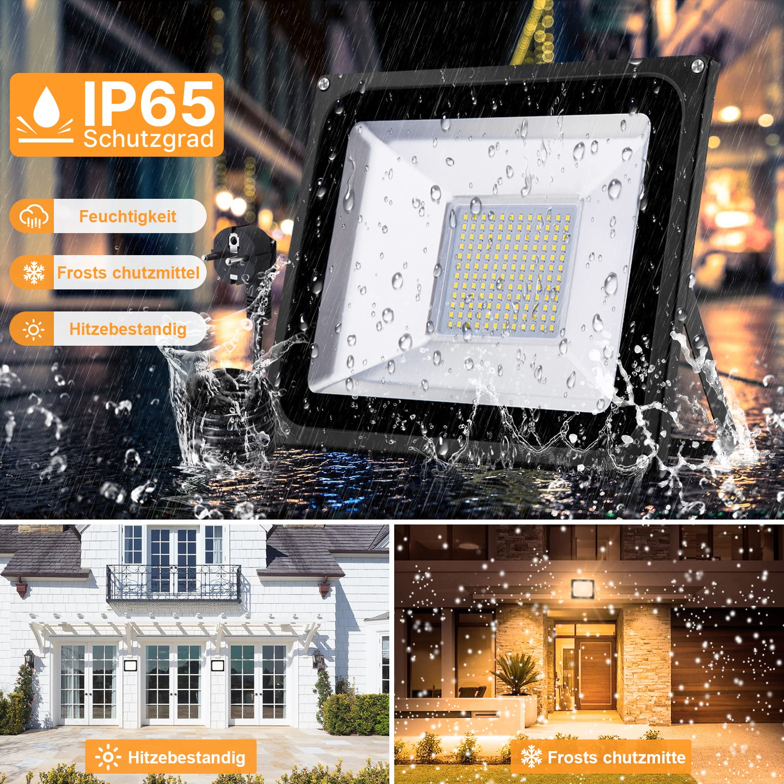 papasbox Proiettore LED Esterno 100W, 10000LM Luce Bianca Calda 2800-3200K, IP65 Impermeabile Faretto LED con Spina EU, Alloggiamento in Alluminio per Giardino, Terrazza, Grandi Spazi Esterni