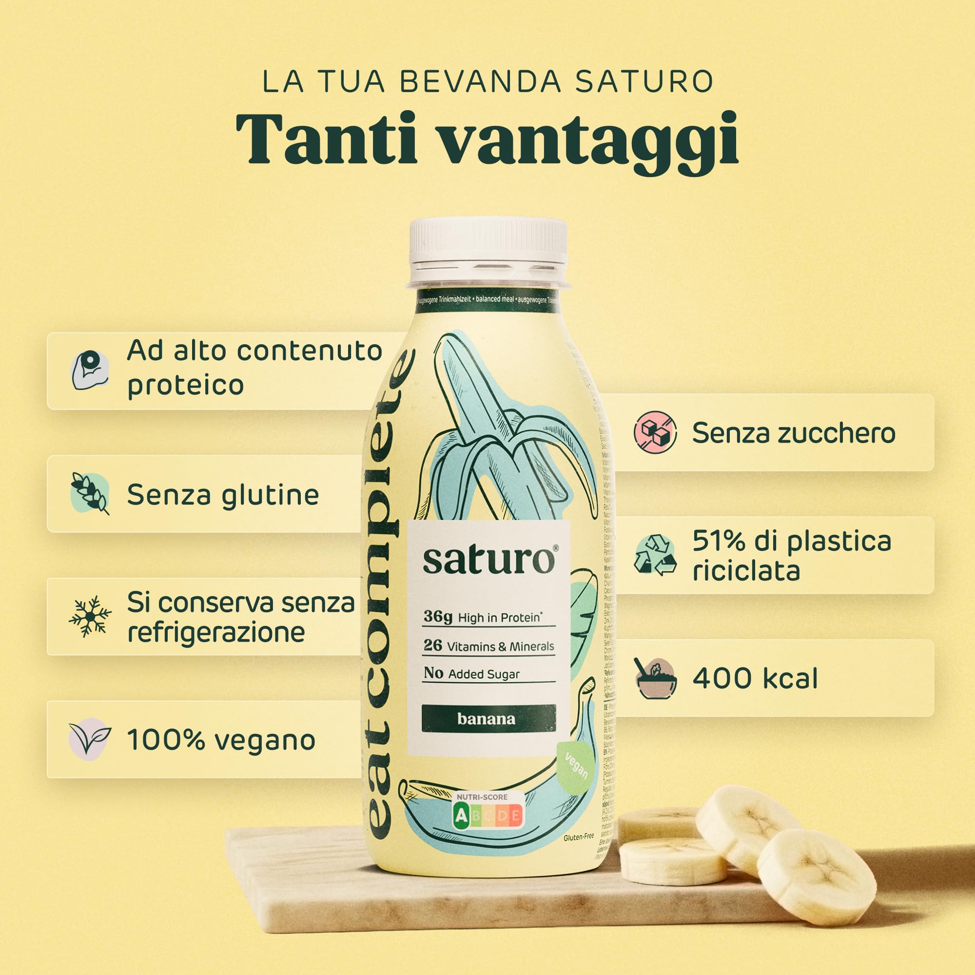 Saturo Pasto Sostitutivo Frullato Gusto Banana | 36 g di proteine & senza zucchero | 400 kcal | Vegano | Pasto Bevibile con Nutrienti Essenziali | 6 x 400 ml