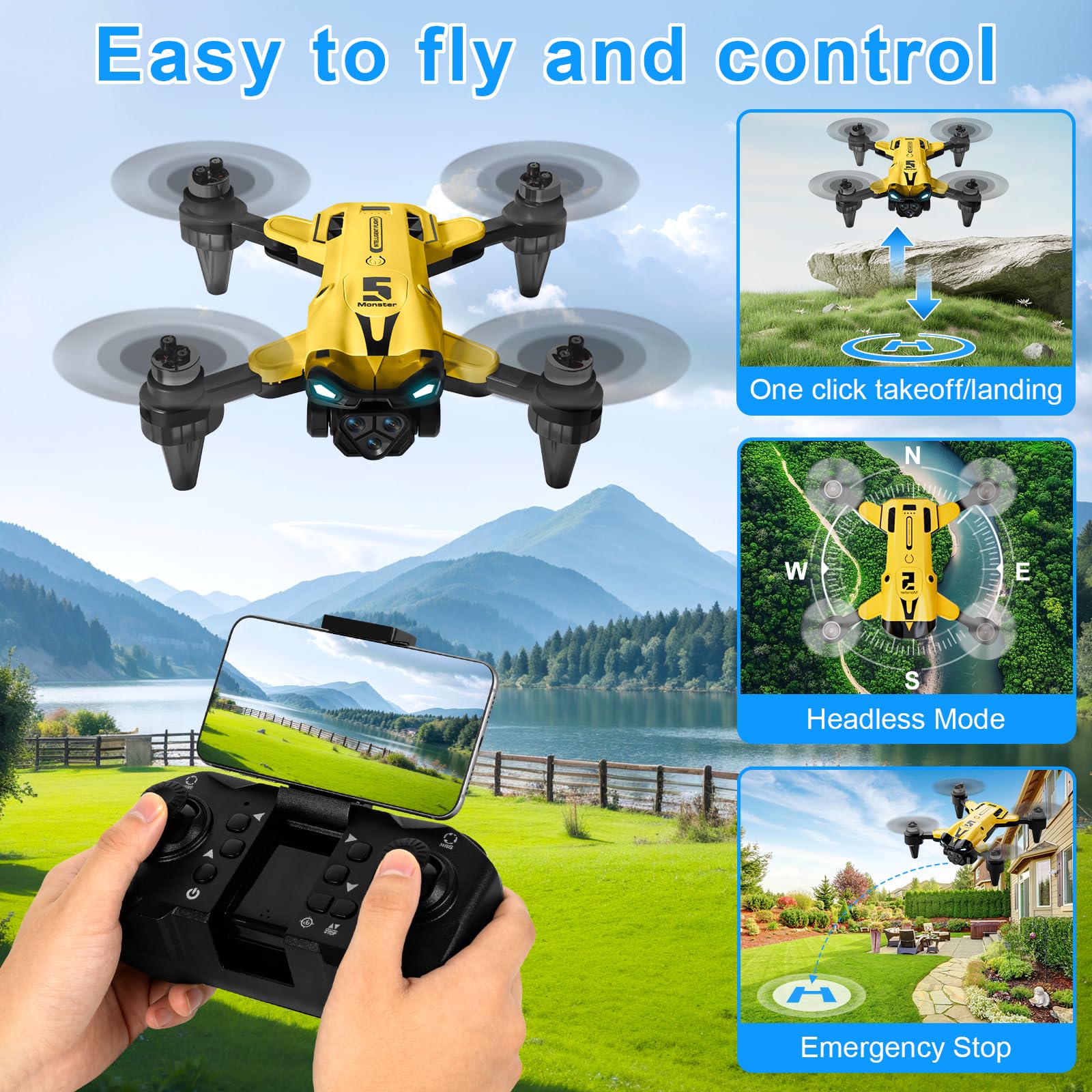 Składany Mini RC Drone, Dron z kamerą 4K, Składany dron dla początkujących, Silnik bezszczotkowy, Przewrót 3D, Start/lądowanie jednym przyciskiem, prezent dla dzieci lub początkujących, 2 baterie