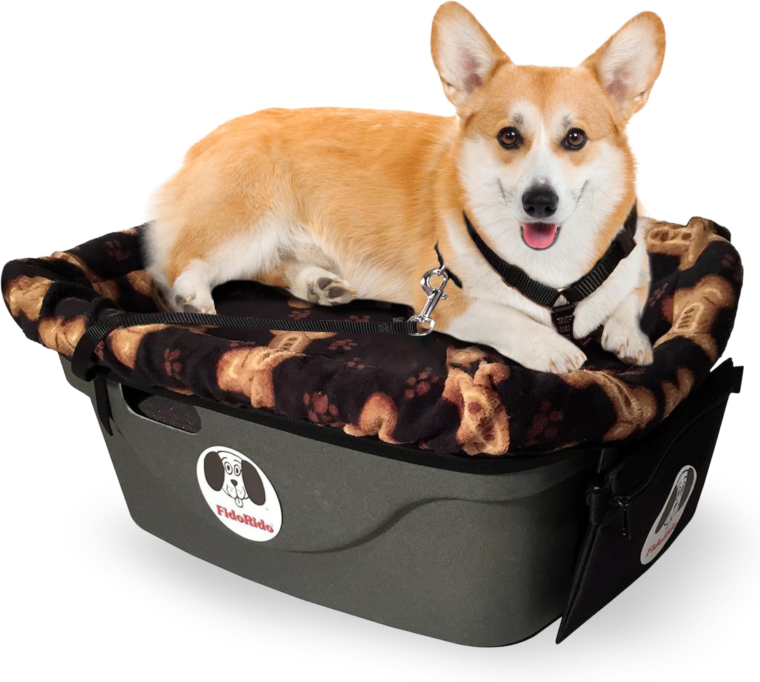 FidoRido Dog Car Seat - Pet Booster Seat for Small to Large Dogs with Comfortable Cushions, Sherpa Cover, and Safety Straps, Easy to Install, Ideal for Travel, Black with Tan Bones - Large Harness