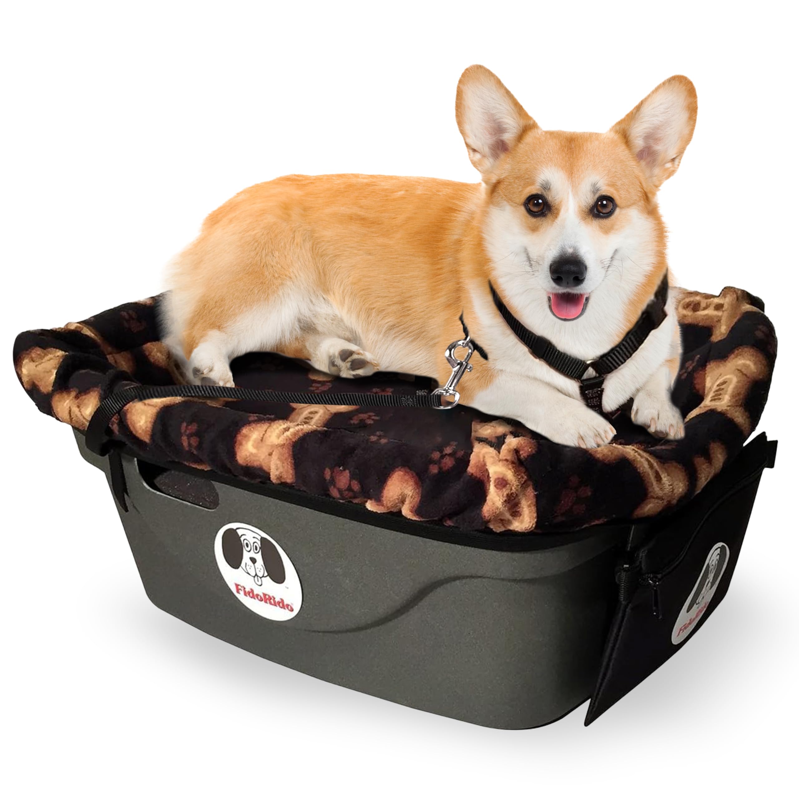 FidoRido Dog Car Seat - Pet Booster Seat for Small to Large Dogs with Comfortable Cushions, Sherpa Cover, and Safety Straps, Easy to Install, Ideal for Travel, Black with Tan Bones - Large Harness