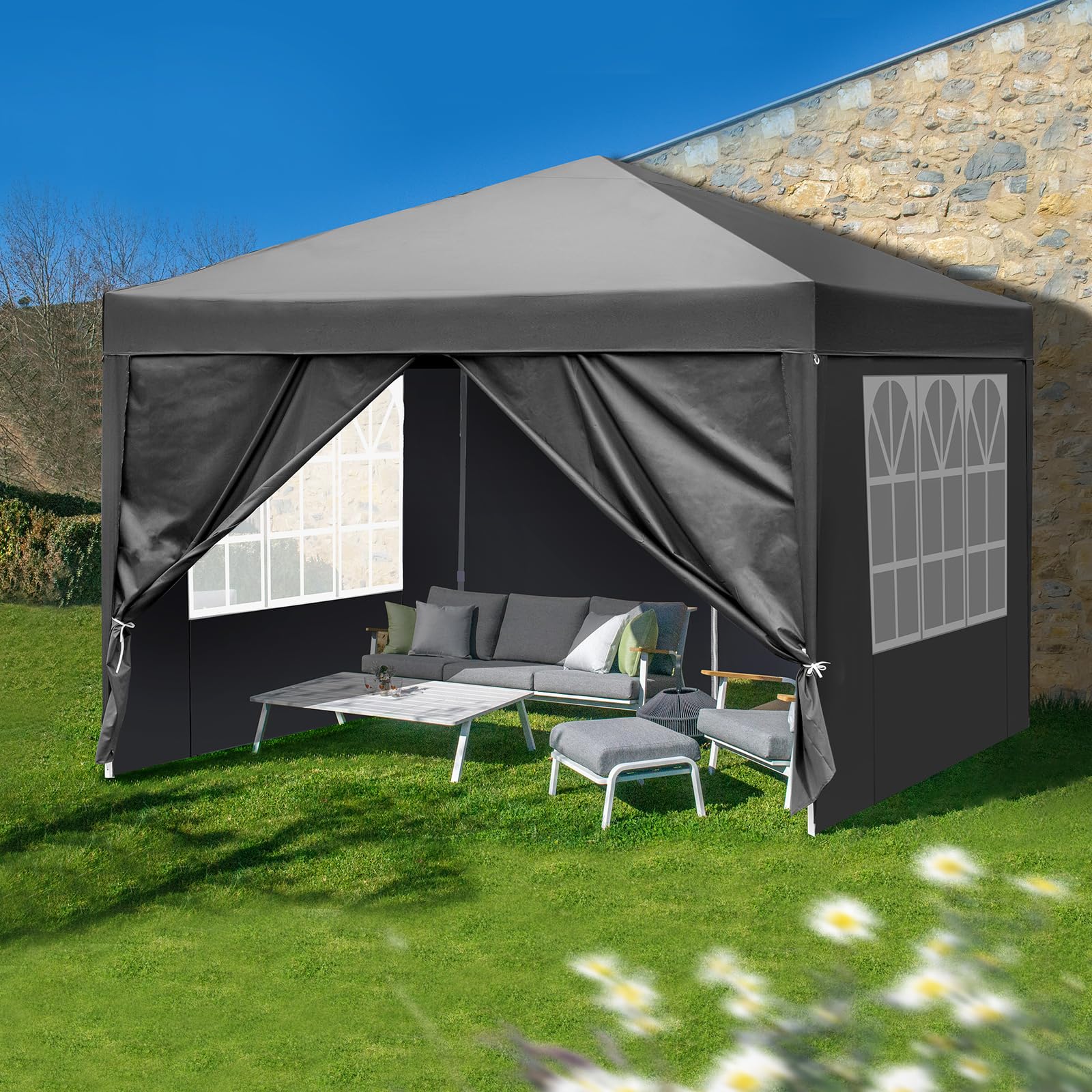 LEADZM 3x3m Tonnelle de Jardin Pliable Pop-up Barnum Gris Foncé | Réglable en Hauteur, Imperméable,Protection UV 50+,avec 4 Côtés,Cadres en Acier,Convient pour la Fête, l'extérieur,Patio