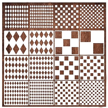 12Pcs Checks Diamond Stencils, Harlequin Checkerboard Stencils Assorted Sizes Square Diamond Shape Templates Reusable Diamond Checks Stencil for Painting on Wood Wall DIY Craft (12pcs Check/Diamond)