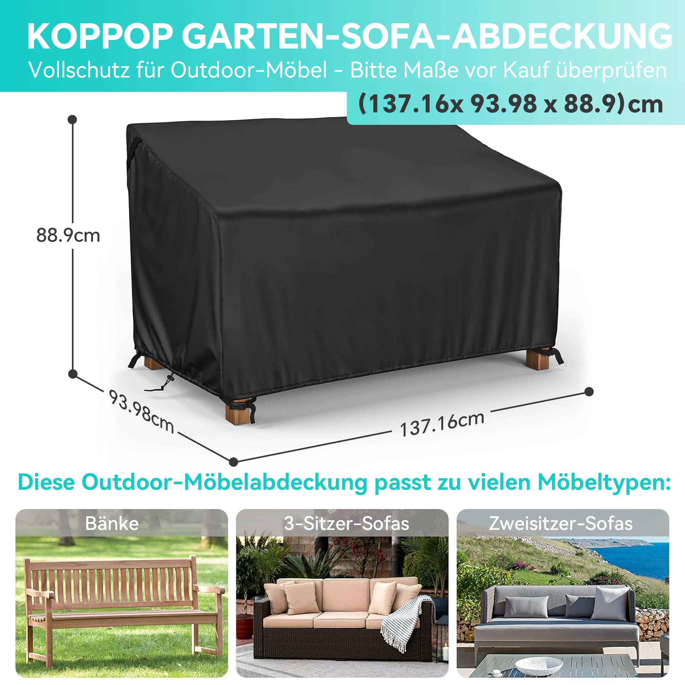 Copertura per Panca da Giardino 2 Posti Impermeabile Tessuto Oxford 600D Antivento Anti UV e Resistente agli Strappi Protezione Pioggia Sole 134 x 66 x 63/89 cm