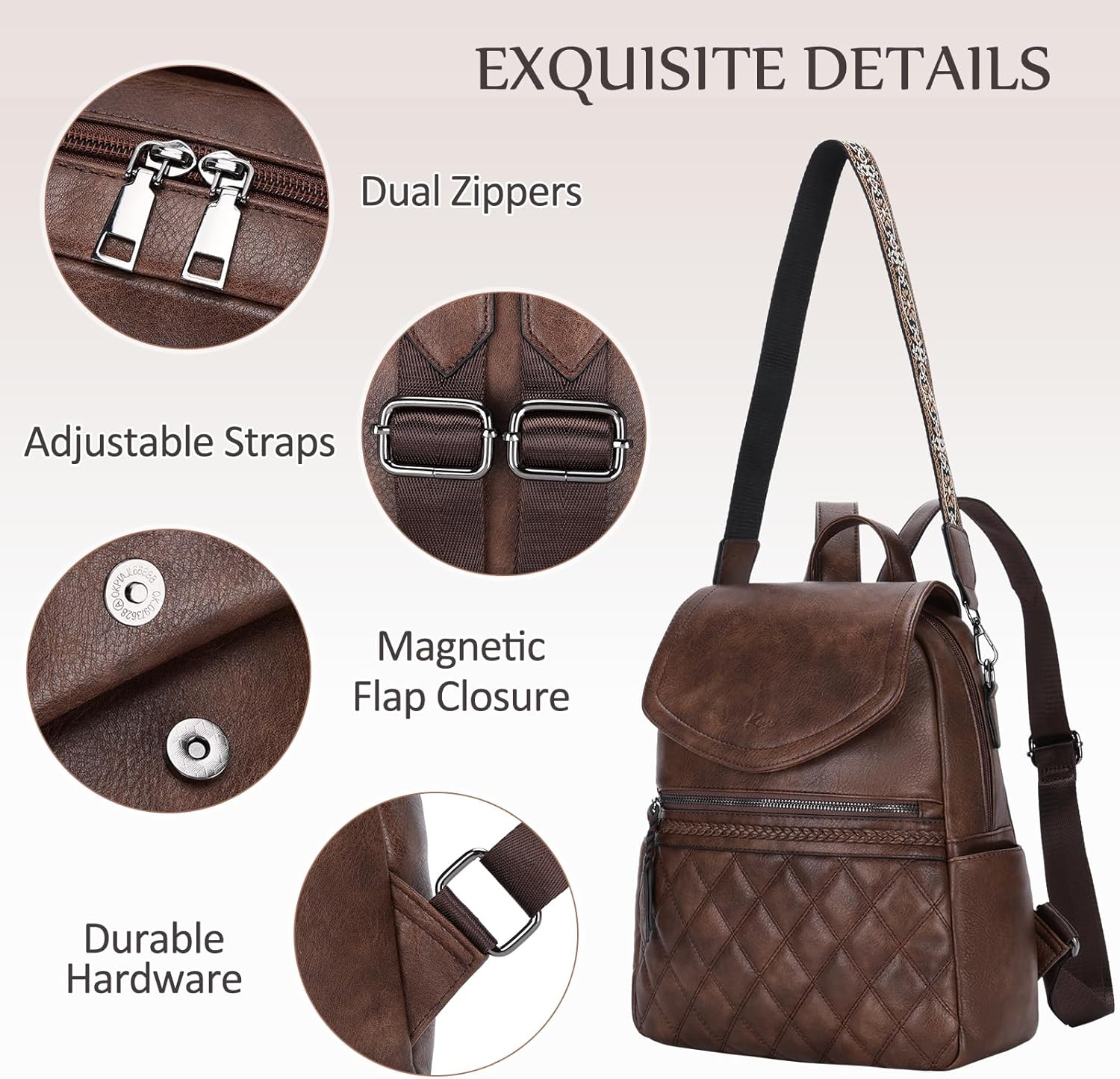 Kasqo Backpack Purse for Women,PU Leather Fashion Flap Quilted Backpack Ladies Handbag Convertible Shoulder Bag for Work Travel College with Guitar Strap Coffee - Image 5