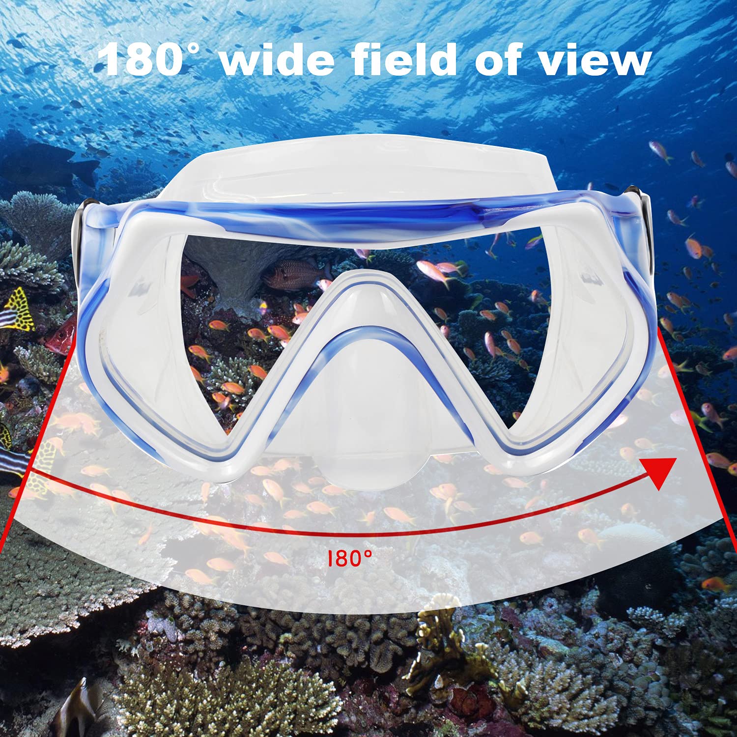 Snorkel mask Snorkeling Set for Adults and Youth, Diving mask and Full Dry Snorkel Swim Googles is Suitable for Snorkeling, Dive Scuba Diving, Swimming (Blue and White-Transparent)