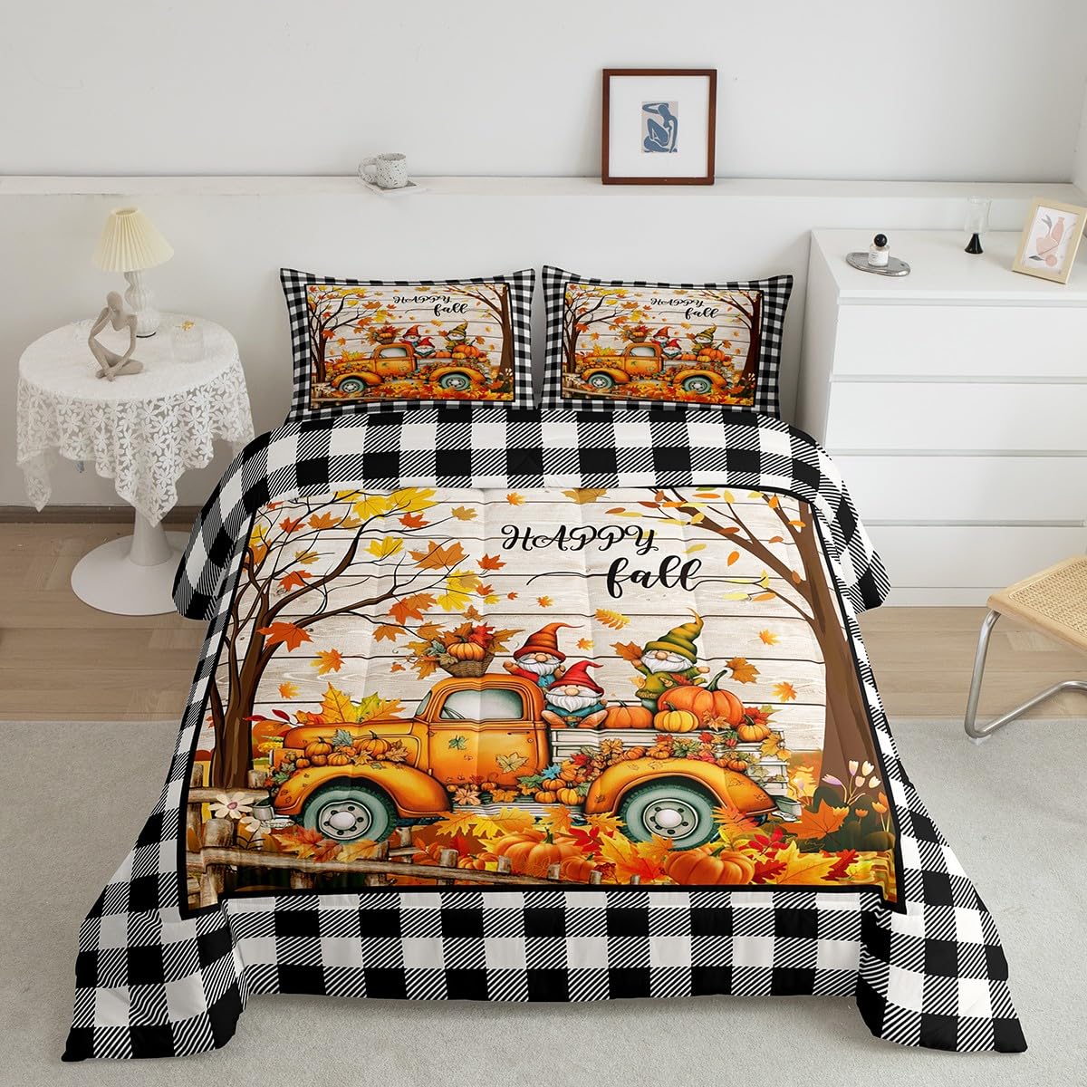Homewish Happy Fall Comforter Set King Size Pumpkin Truck Maple Leaves Gnomes Bedding Set,Vintage Black White Grid Quilt Set for Kids Girls Boys Adult