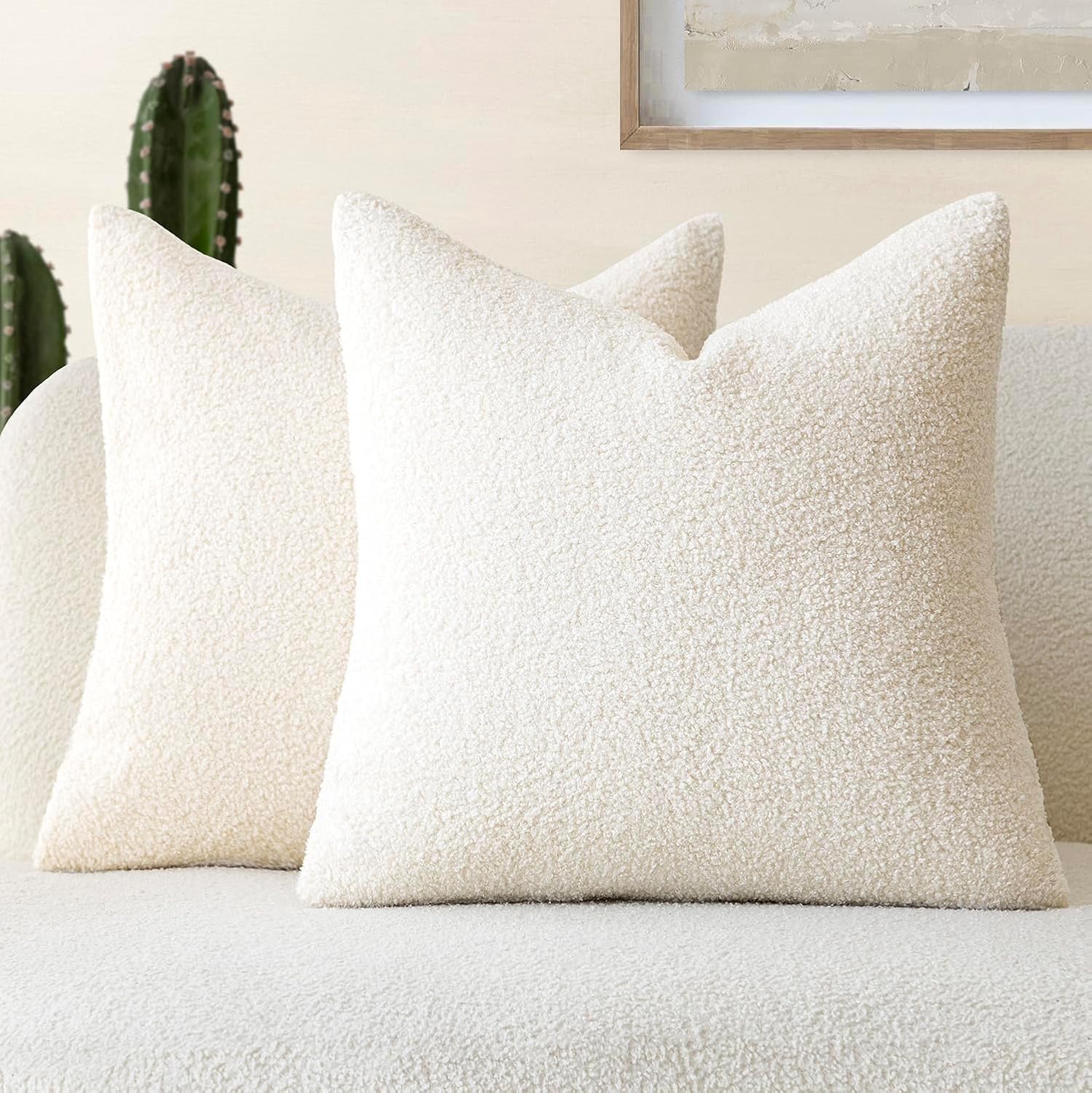 Foindtower Pack of 2 Curly Faux Fur Throw Pillow Covers 22x22 Inch Cream White - Soft Plush Zippered Cushion Cases for Couch Sofa Bed