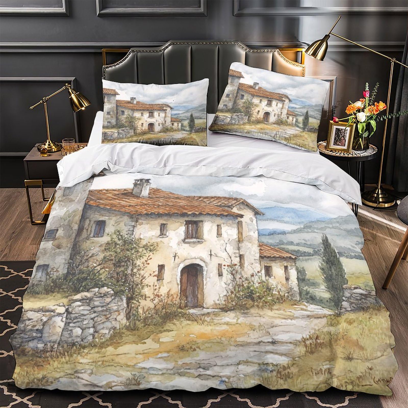 MMDASBVPE Rustic Villa Quilt Cover 3D Print Easy Care 3 Pieces Bed Set Hidden Zipper Italian Countryside Watercolor Duvet Cover Extra Soft Durable for Adults Kids Teens Women Youth King（220x240cm）