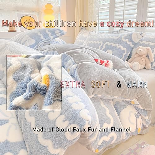 Miniatura 3 de Doimier Funda de edredón azul tamaño Queen, juegos de ropa de cama Kawaii para niñas, lindas fundas de edredón mullidas de pato, manta de felpa