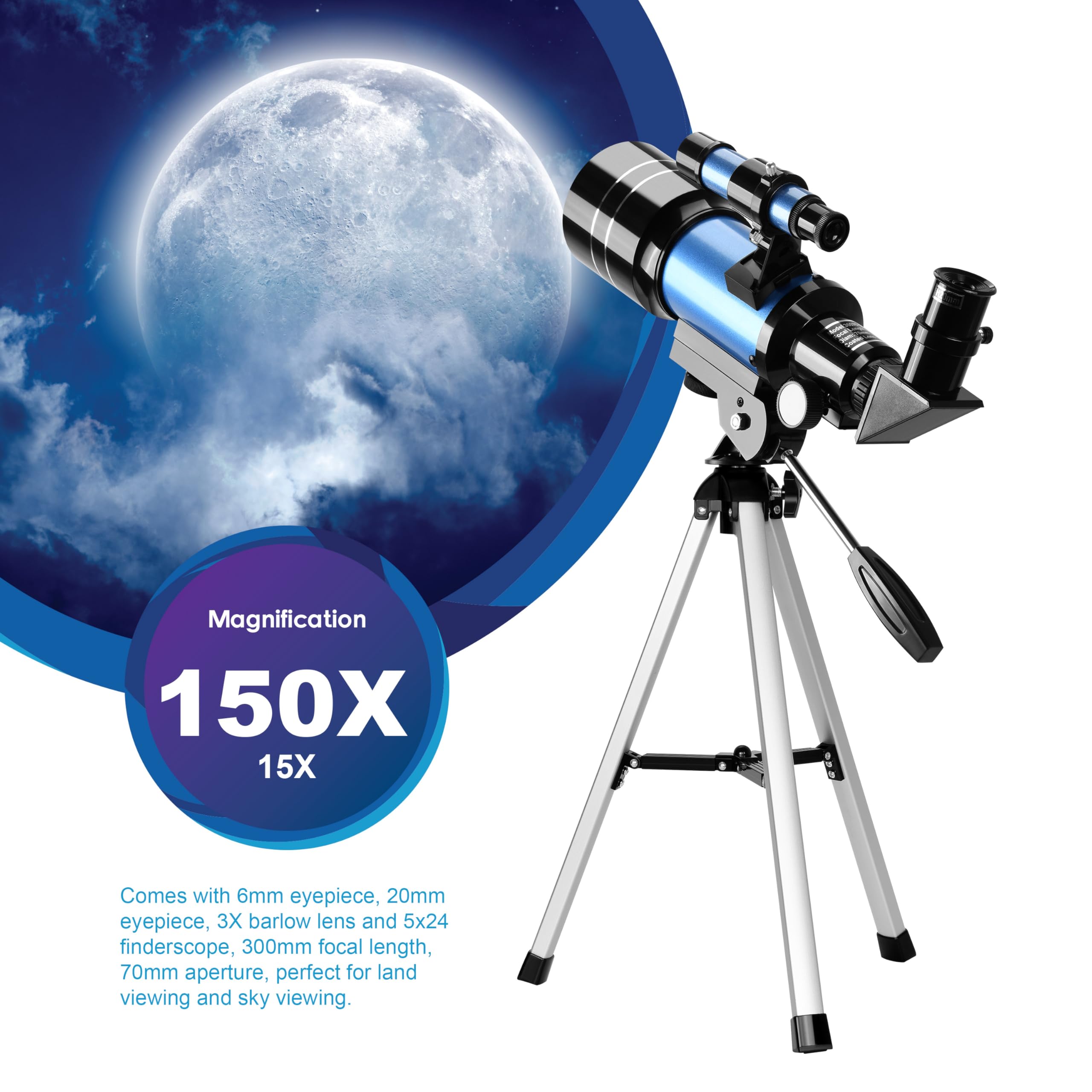 Aomekie 30070 Télescope Enfant 150X Lunette Astronomique avec Adaptateur Smartphone Trépied Lentille Barlow Chercheur