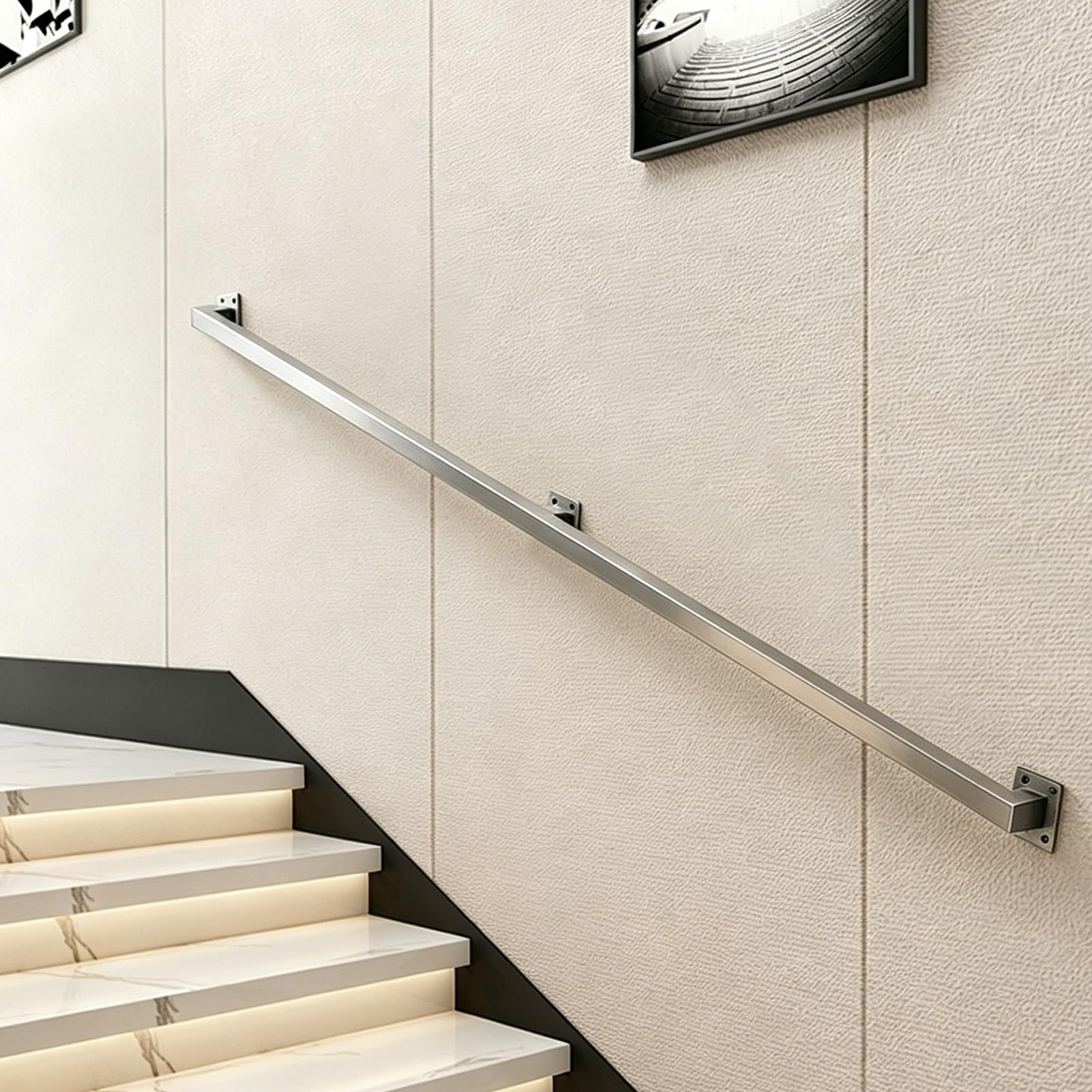Hamankim One Color Modern Silver Stairs Handrail, 1M/2.8M/3M/3.5M/4M/4.2M Wall-Mounted Banister Guardrail With Fittings, Home Garden Corridor Lofts Decking Rail Square Tube Support Rod(11Ft/3.3M)