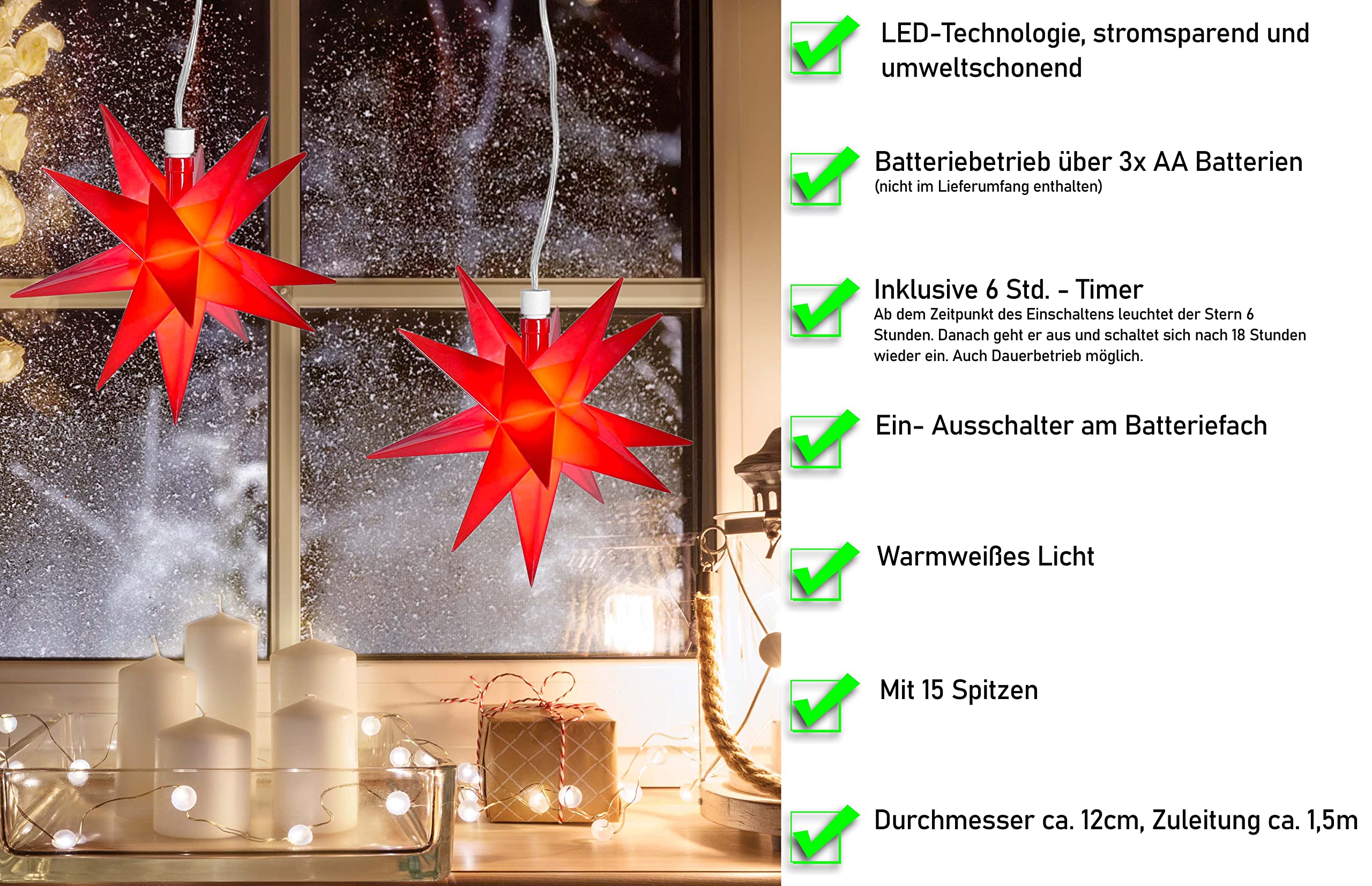 Mini LED Weihnachtsstern 12 Cm – 3D-Leuchtstern Mit Batterie Für Fenster, Advent & Deko
