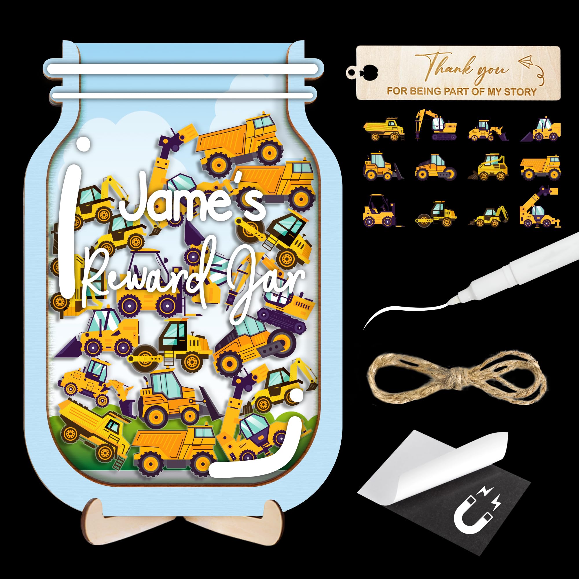 9" DIY Name 45 Construction Car Magnetic Reward Jar Gifts for Classroom Teacher Kids Potty Training Chore Chart Toddler Good Behavior Management Tools Back to School RWJ-03-CON-M
