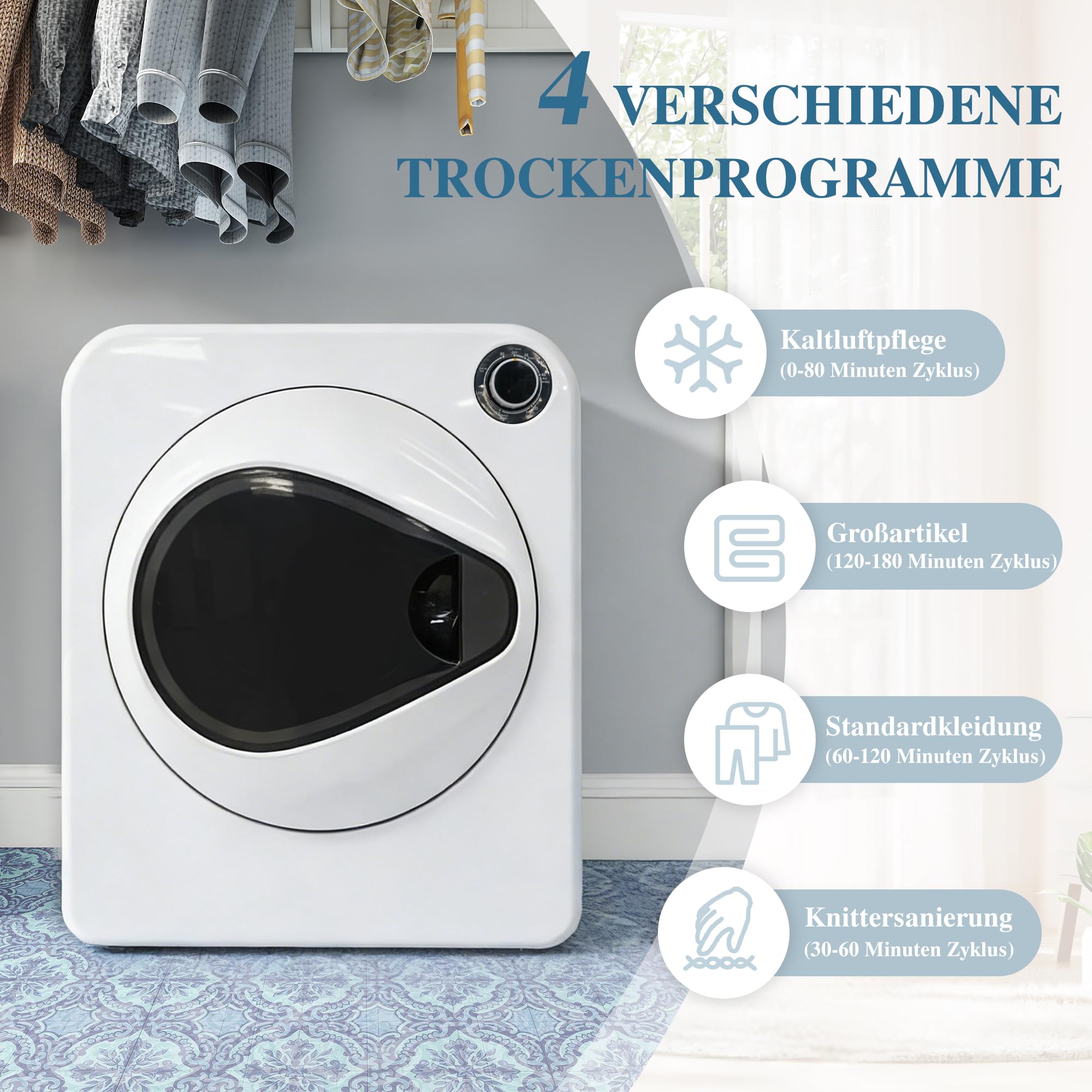 ECLIVON Secadora de Evacuación 4 kg con 4 Programas, Carga Frontal Secadora de Ropa 830 W, Montable en la Pared Secadora de Ropa con Tambor Inox, para Piso, Casa, Mobil Home, 59,5x49,5x41,5 cm, Blanco - 3