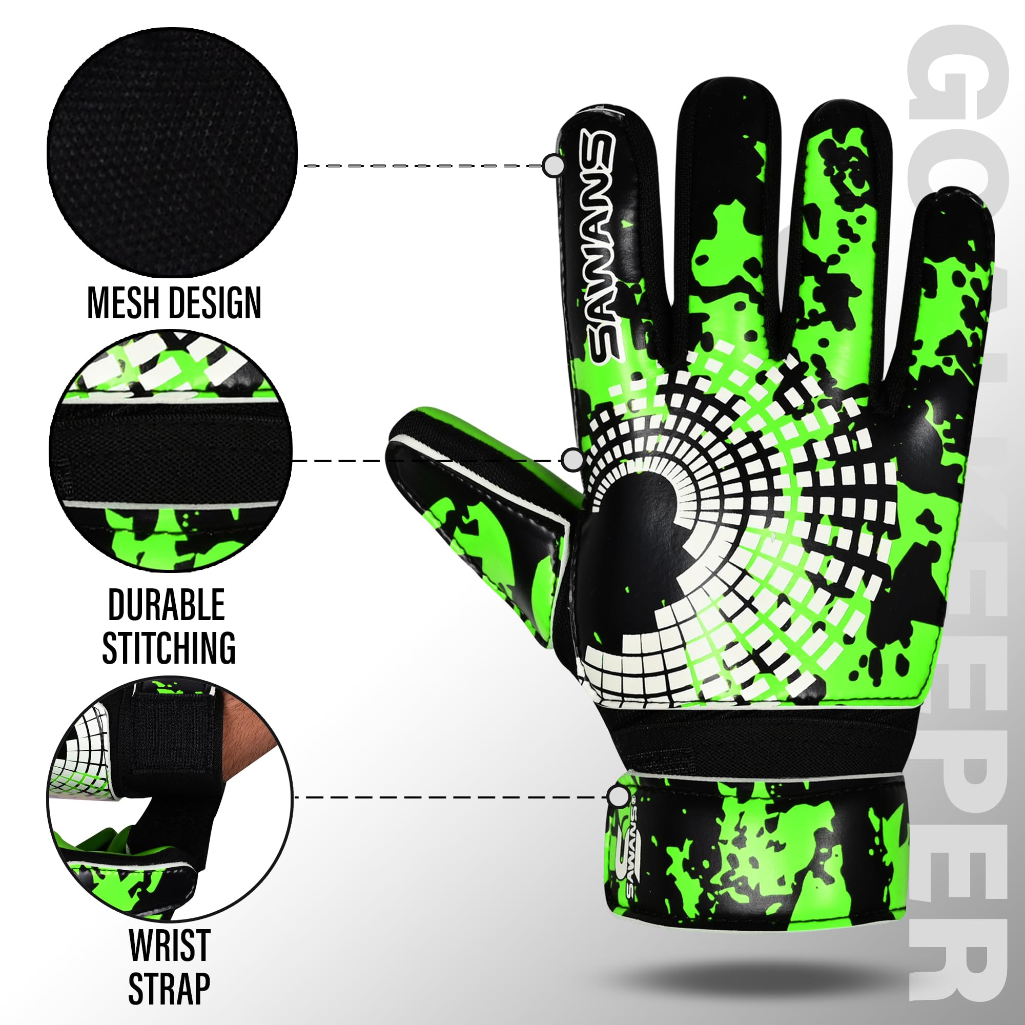 SAWANS Guanti da portiere da calcio per ragazzi, bambini, ragazzi, adulti, guanti da portiere con presa forte, palmo con supporto per il polso, antiscivolo