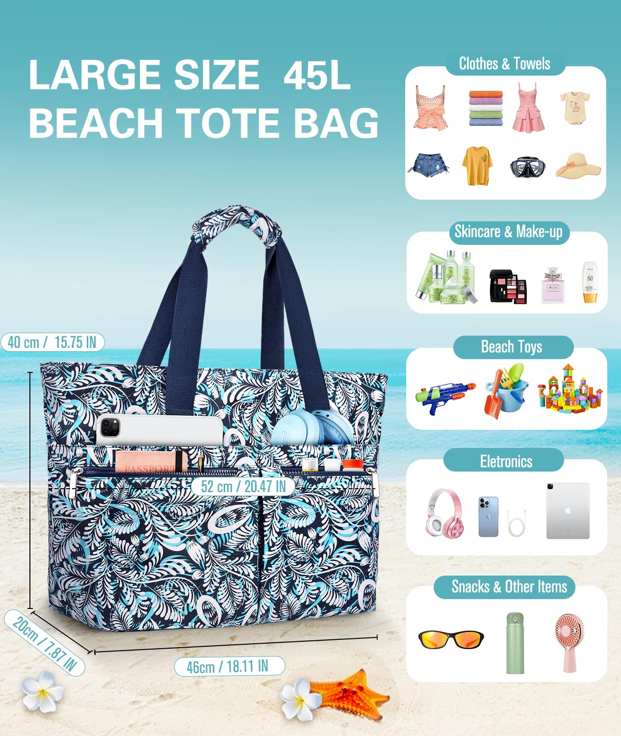 Bolsa Playa Mujer Grande XXL Familiar Bolso de Playa con Cremallera Bolsa Natación Impermeable Bolsa de Viaje Plegable Shopper Tote Bag para Playa Compras Viajes Uso Sauna