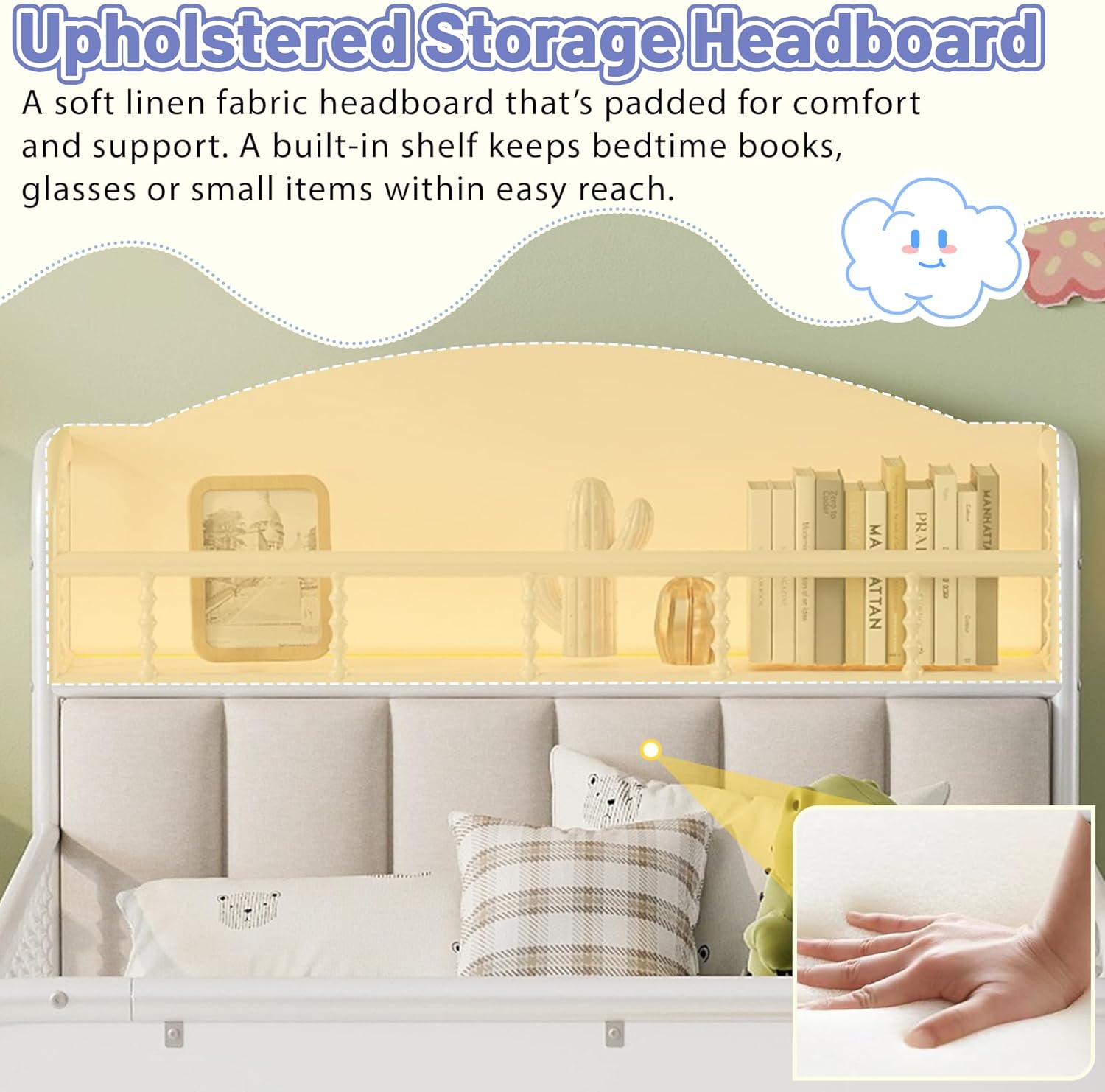 Twin Bed Frames for Kids with Rails, Metal Platform Bed with Light, Low Profile Bed with Storage and Upholstered Headboard for Boys and Girls, White