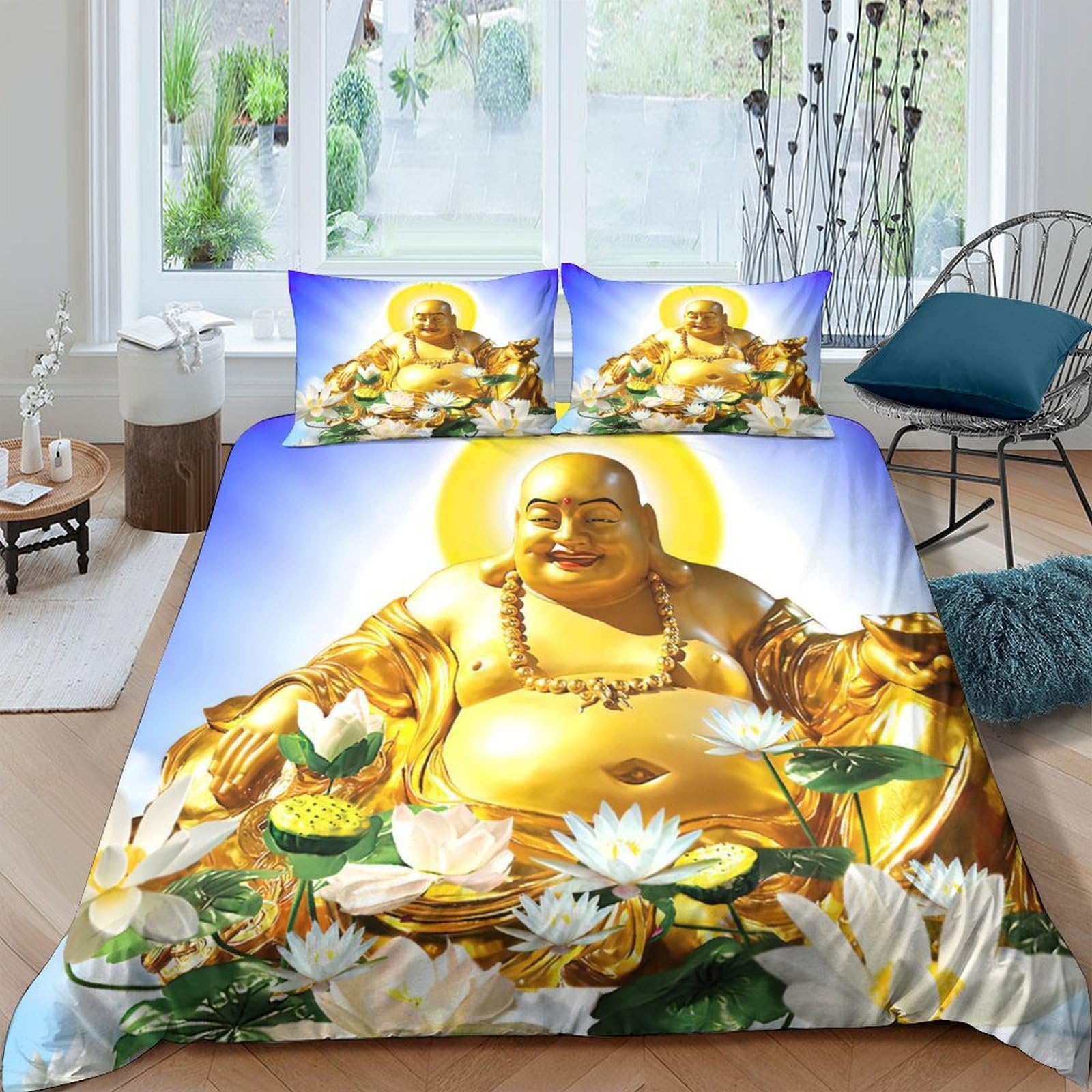 Ctjqhvkz Style-10 3D Printed Golden Buddha Fitted Sheet Microfiber Soft Decorative Lotus Bed Cover For Bedroom Dorm Mattress Protection Single（135X200cm）
