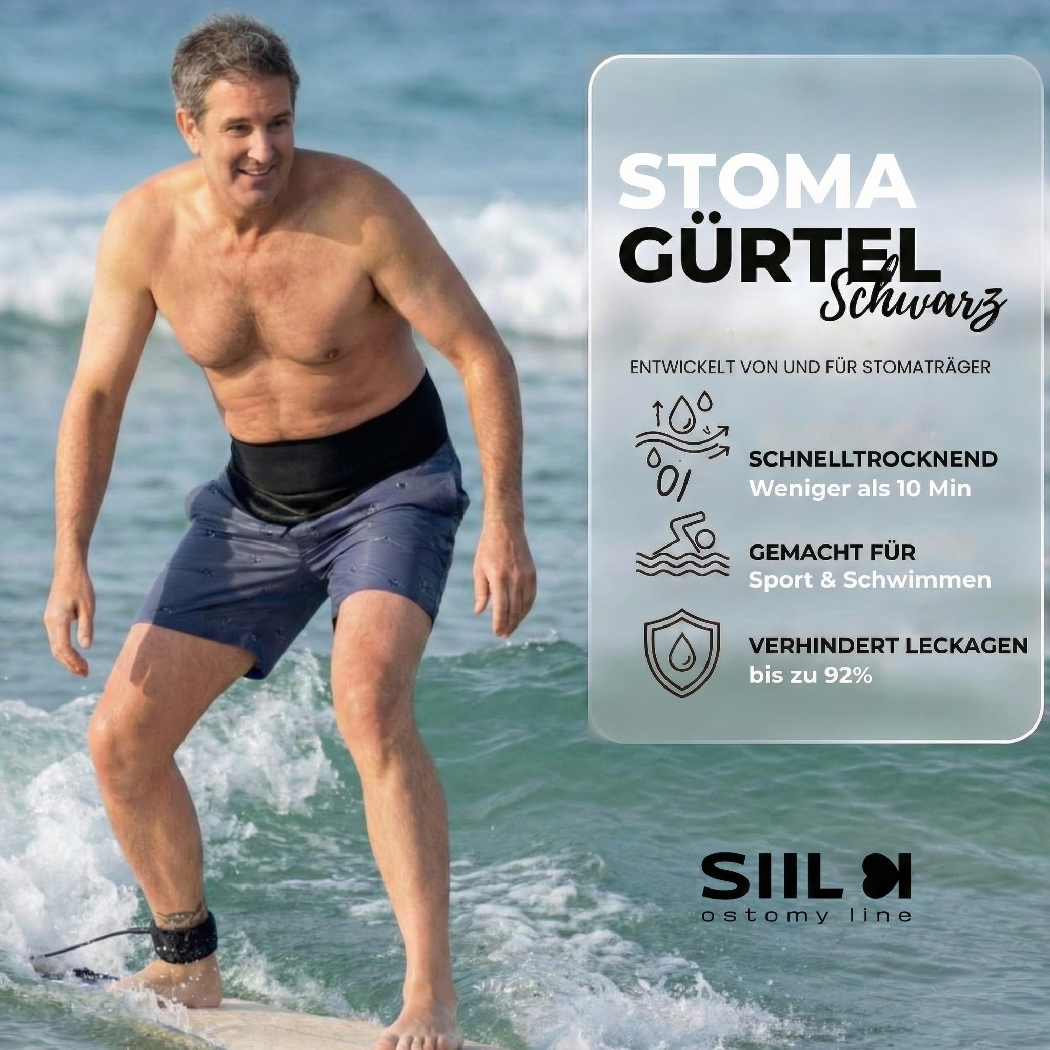 SIIL Stoma Gürtel Schwarz Ostomy Belt | Ostomie Support Gürtel | Sport & Schwimmen | Ostomiebeutelhülle | Innentasche für Stomabeutel