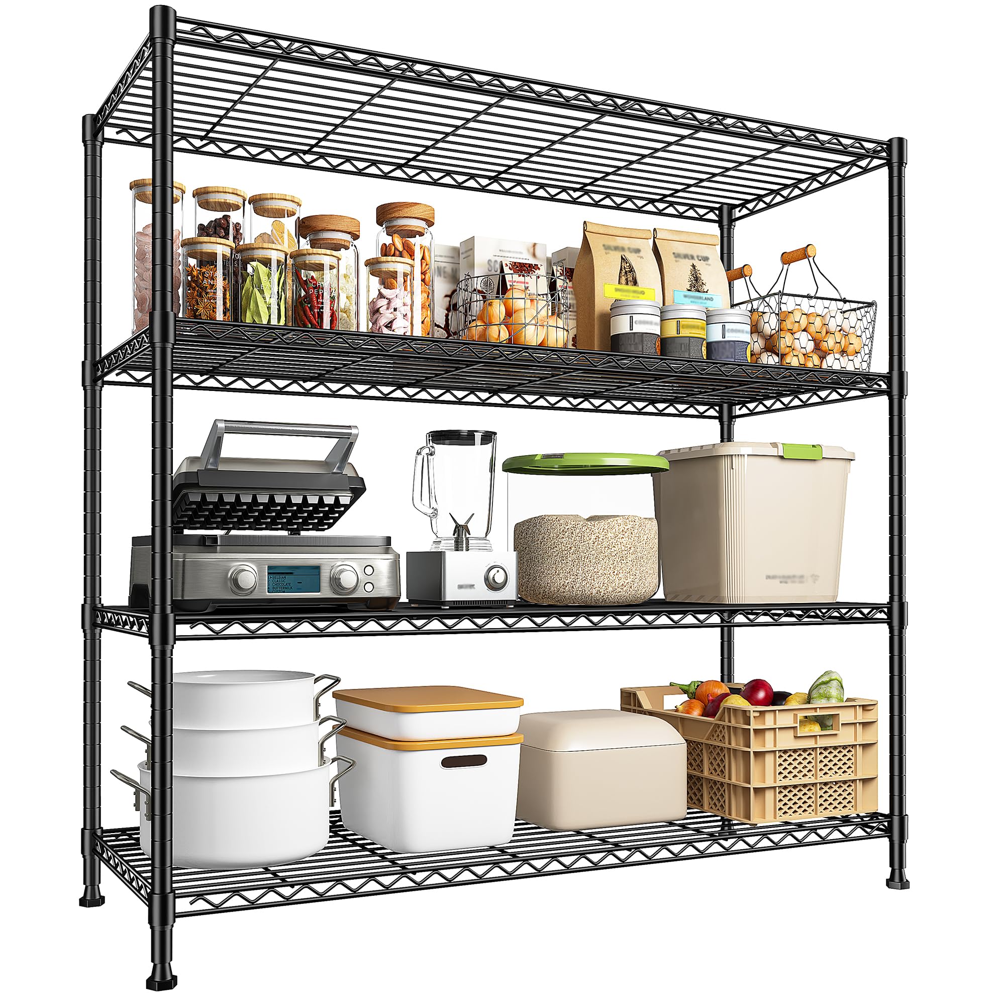 45 "W Metal Shelving Unit 4 Tier Storage Shelves Adjustable Wire Shelving Metal Shelf Pantry Shelves Wire Rack Commercial Shelving for Kitchen Pantry Utility Room Garage 45 "W x 59.4 "Hx 13.5" D Black