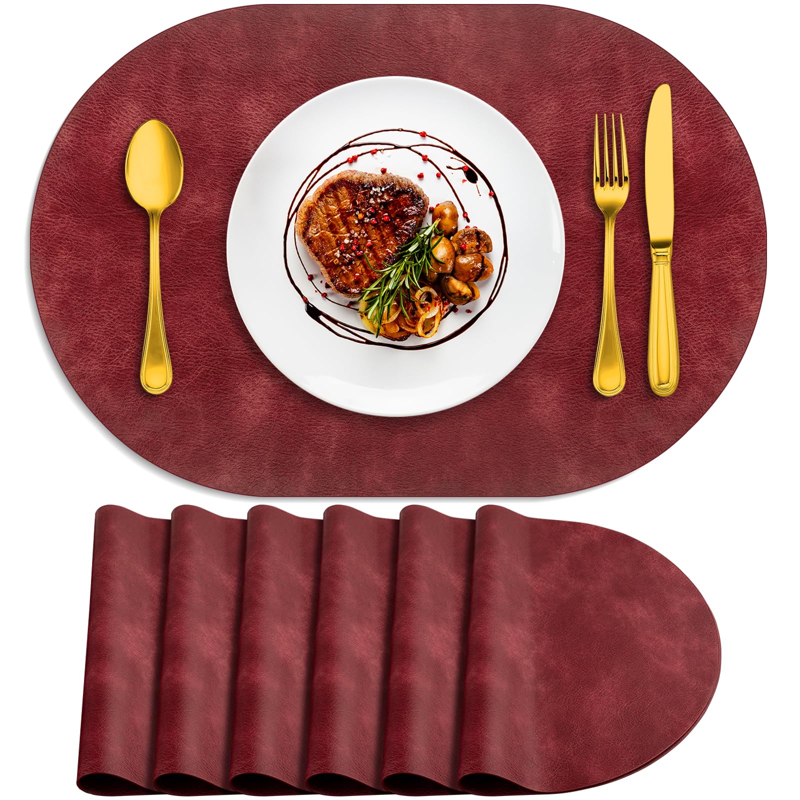 ADRIMER Placemats, Heat Resistant Oval Placemats Set of 6 Washable 12 x 17 Inch, Waterproof Table Mats, Wipeable Pu Place Mats for Kitchen, Dining Room, Wine Red