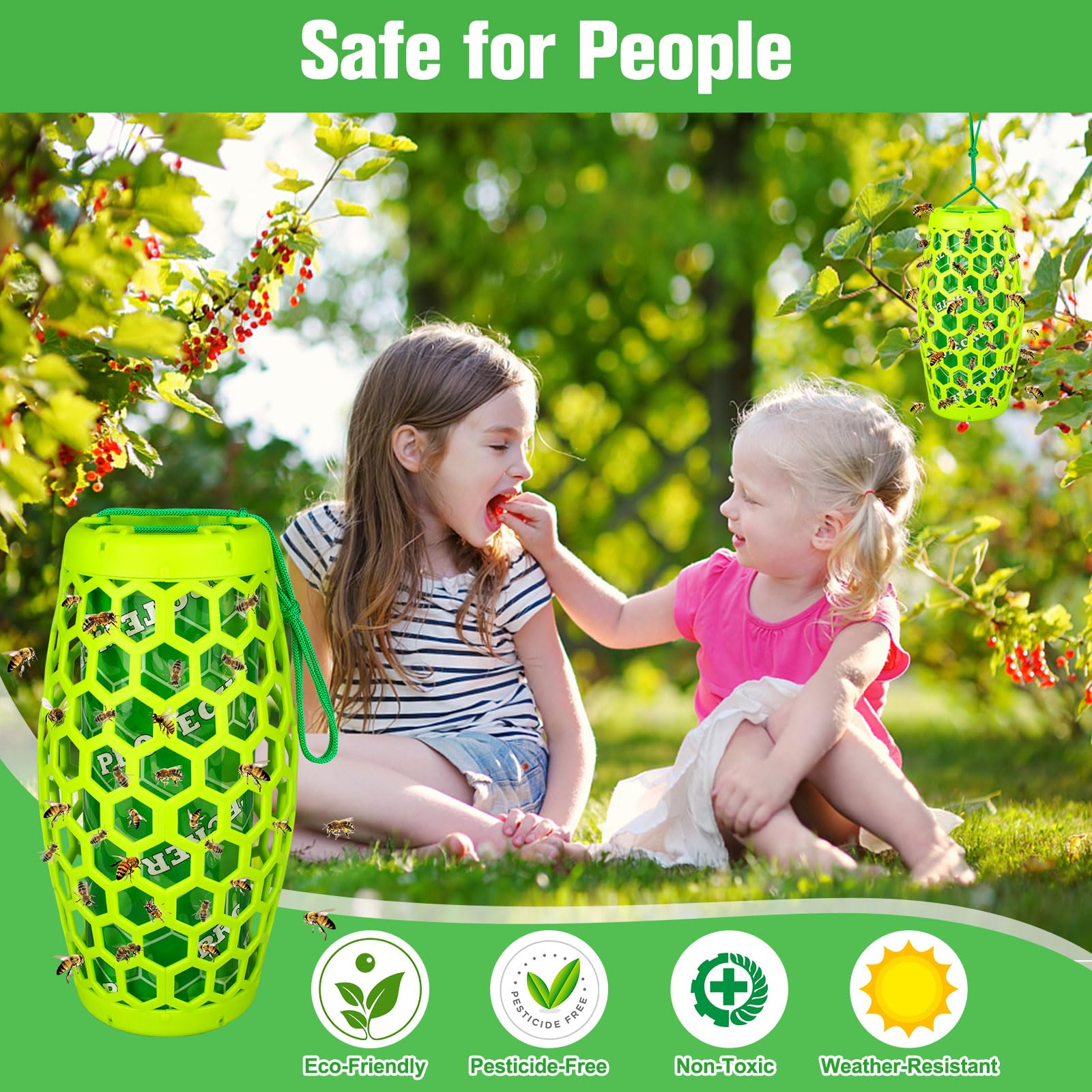 Wasp Traps Outdoor Hanging, Wasp Trap Bee Traps Catcher, Sticky Wasp Trap for Indoor/Outdoor, Effective Insect Trap,Carpenter Bees, Red Wasp & Paper Wasps-2 Pack 4 Sticky Boards(Green)