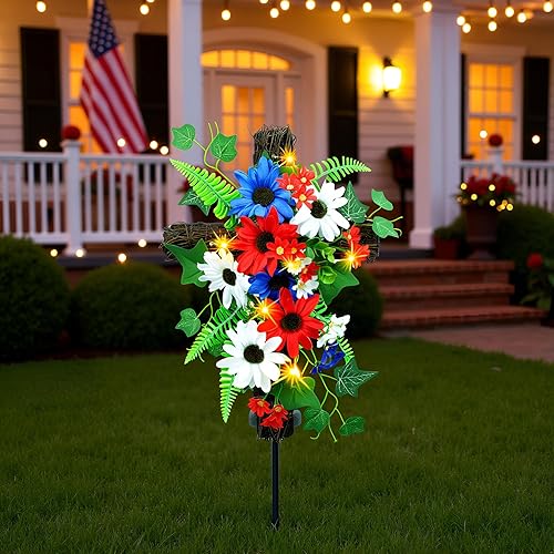 Miniatura 2 de YULETIME Estaca de cruz de jardín roja, blanca y azul, funciona con energía solar con luces de hadas, cruz de metal, ratán natural, margaritas rojas