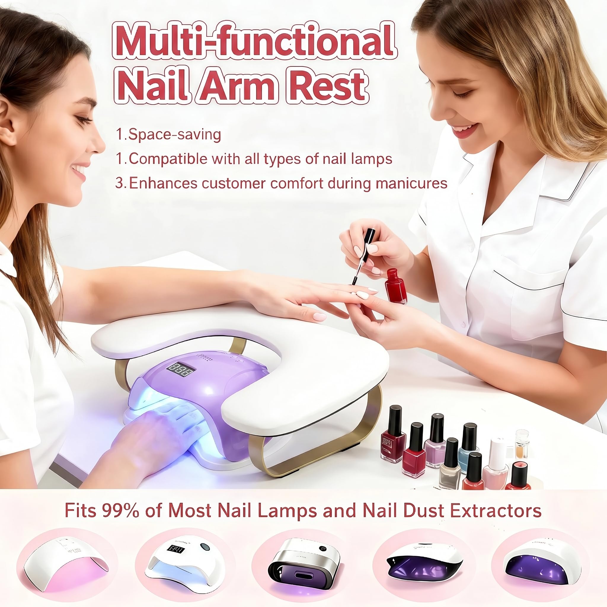 Reposabrazos para uñas con soporte para teléfono: plegable/ajustable/giratorio de 360° - Reposabrazos en forma de U para uñas con reposapiés curvado dorado - Reposamanos de ángulo de inclinación de 45