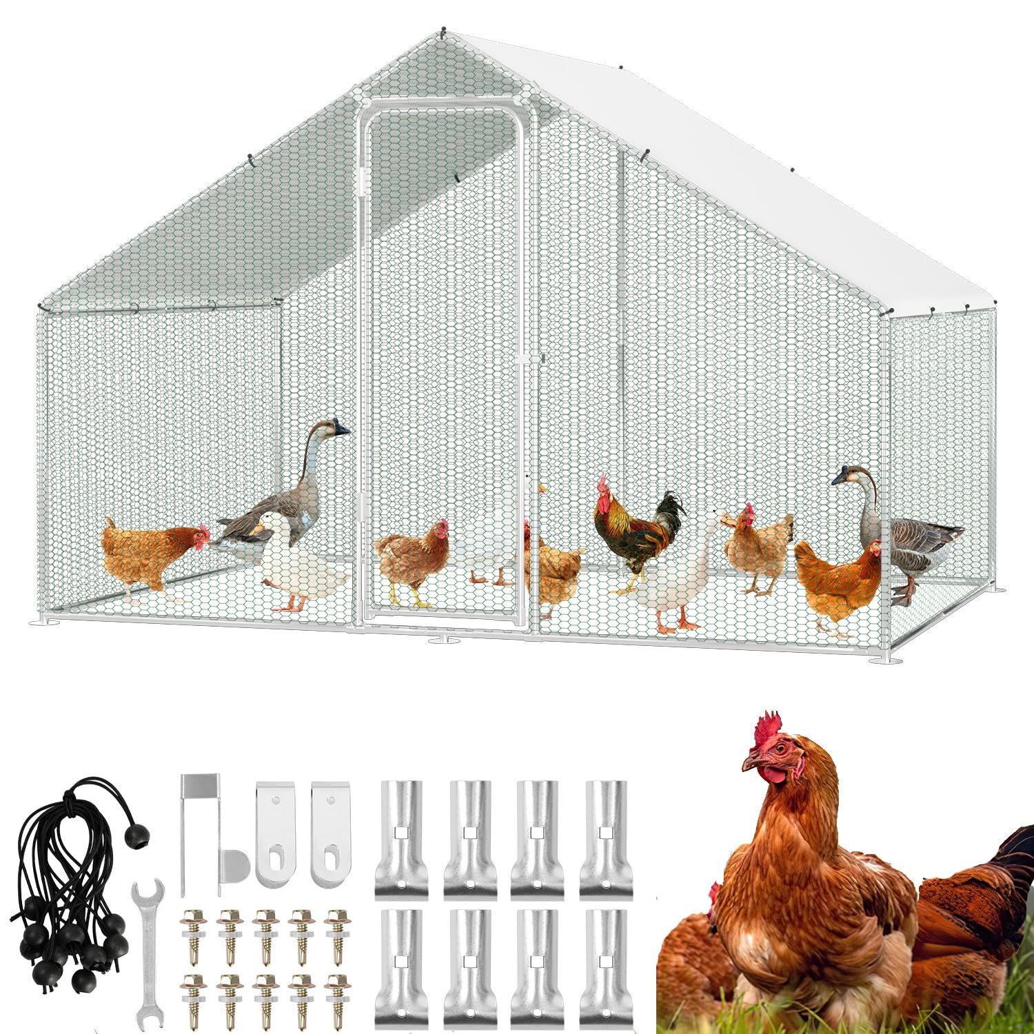 Gallinero con área libre, 3x2x2m Jaulas de metal para animales pequeños con cerradura de seguridad y cubierta impermeable para salida de gallinas, área libre para gallinas, pajarera, plantas