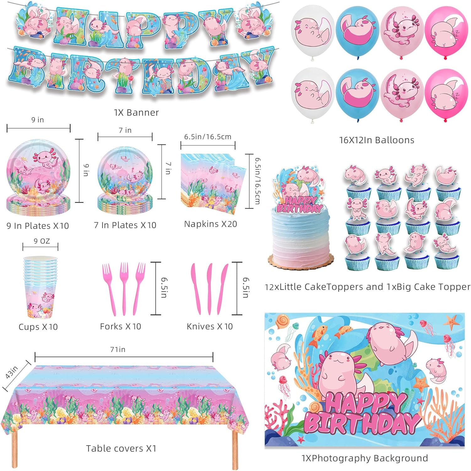 Axolotl Birthday Decorations Include Axolotl Plates-Napkins-Cups-Cutlery-Tablecloth-Balloons-Cupcake Toppers-Axolotl Cake Topper- Banner-Backdrop-Tablecloth for Kids Axolotl Party