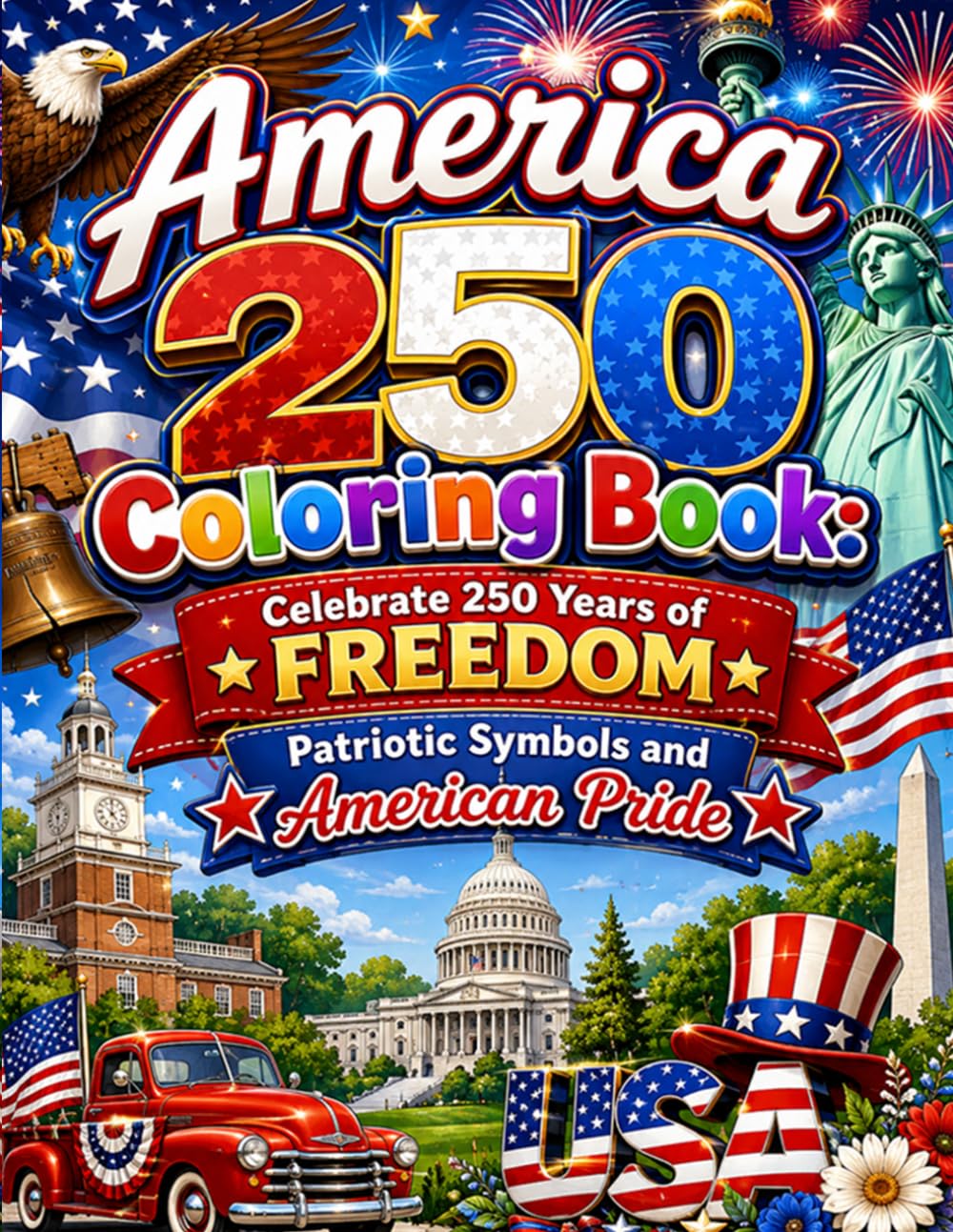 America 250 Coloring Book: Celebrate 250 Years of Freedom Patriotic Symbols and American Pride: Celebrate American History Liberty and National Pride with Fun Patriotic Coloring Pages for All Ages