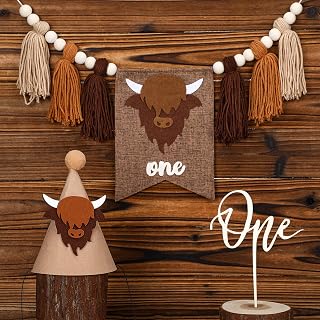 Highland Cow 1st Birthday Highchair Banner Decorations for Boy with Felt Hat and One Cake Topper Cowboy Rodeo Highland Cow Party Decorations for Baby Shower Birthday Party