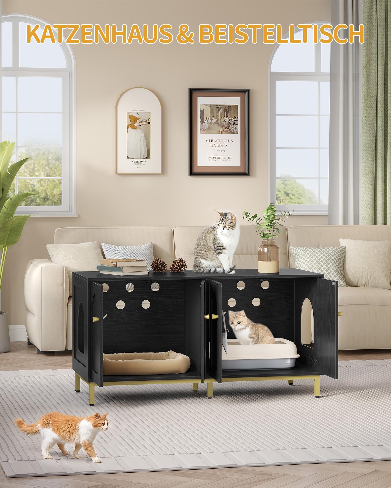 Hzuaneri Maison de Toilette Chat pour 2 Chats, Meuble de Litière Caché de 119cm, Banc de Rangement, Convient à la Plupart des Litières por, Noir et Or CB82304A
