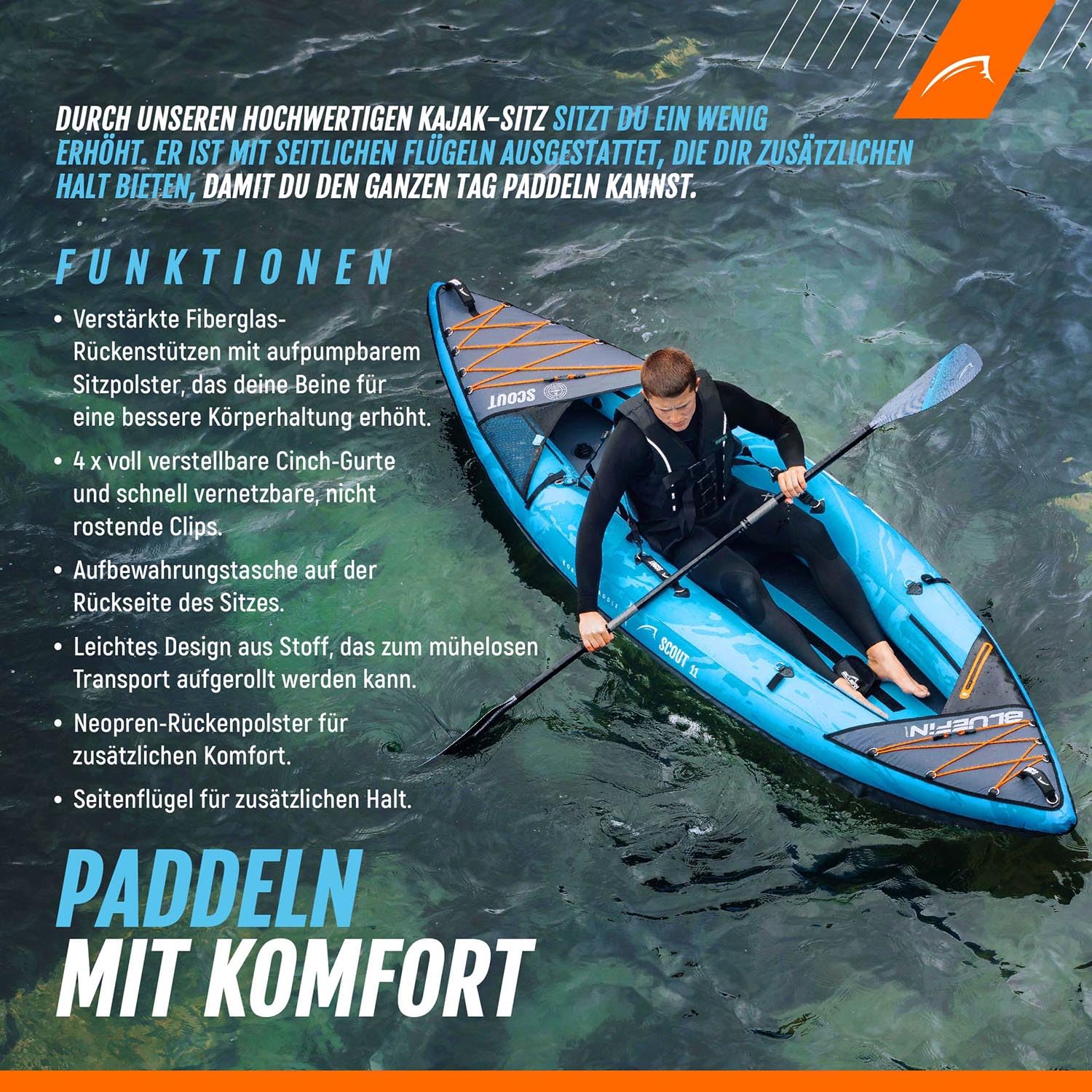 Bluefin SUP & Kajak-Sitz | Aufblasbares Sitzpolster, Netz-Tasche | Verstellbare Riemen, rostfreie Clips | Verstärkte Stützstangen | Leichter Quick-Dry-Sitz | Grau