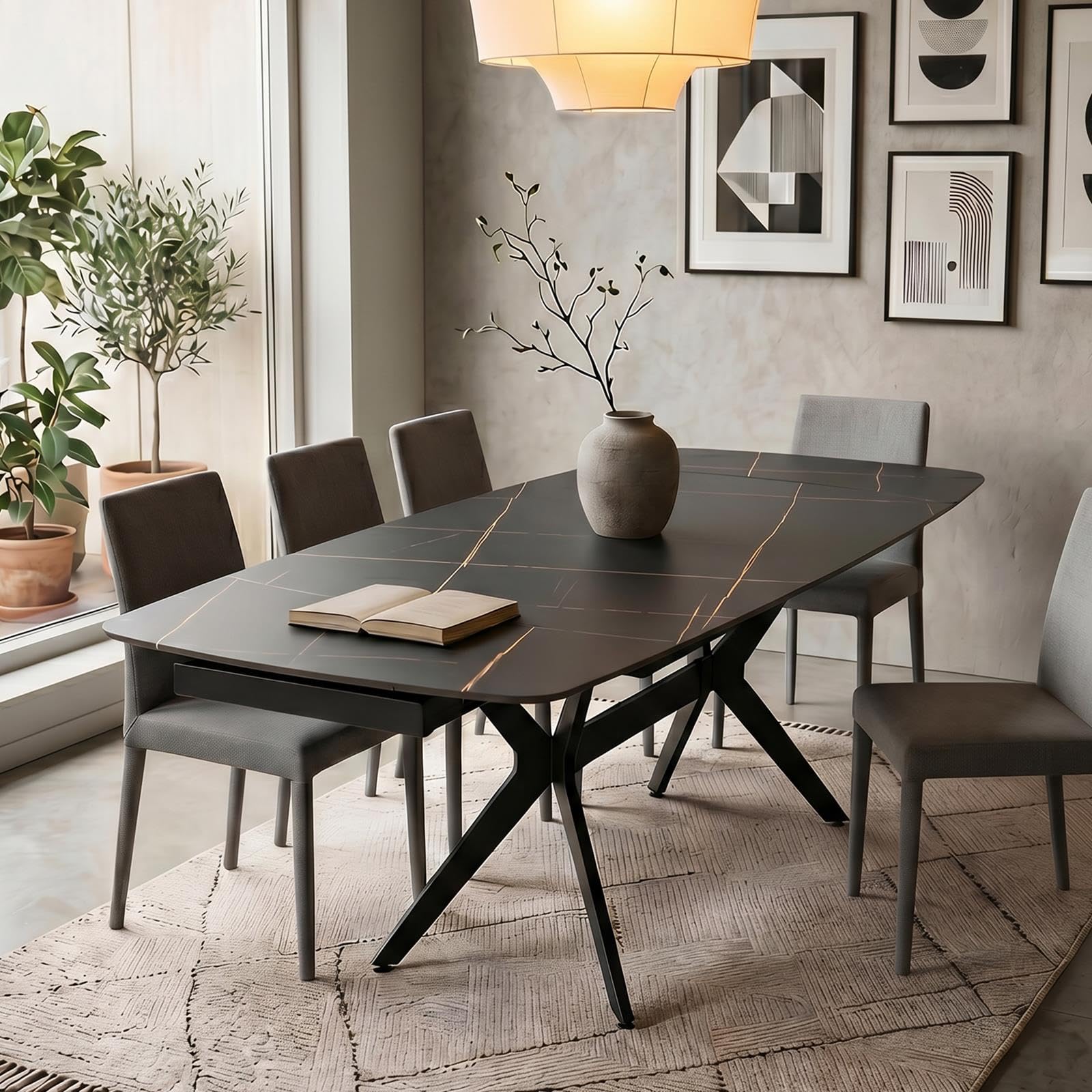 IDIMEX Table à Manger Leana Extensible 160-240 cm pour 6 à 8 Personnes avec Plateau en Céramique Aspect Marbre Noir, Piètement Central en Métal et Plateau Rectangle Marbré, Facile d’Entretien.