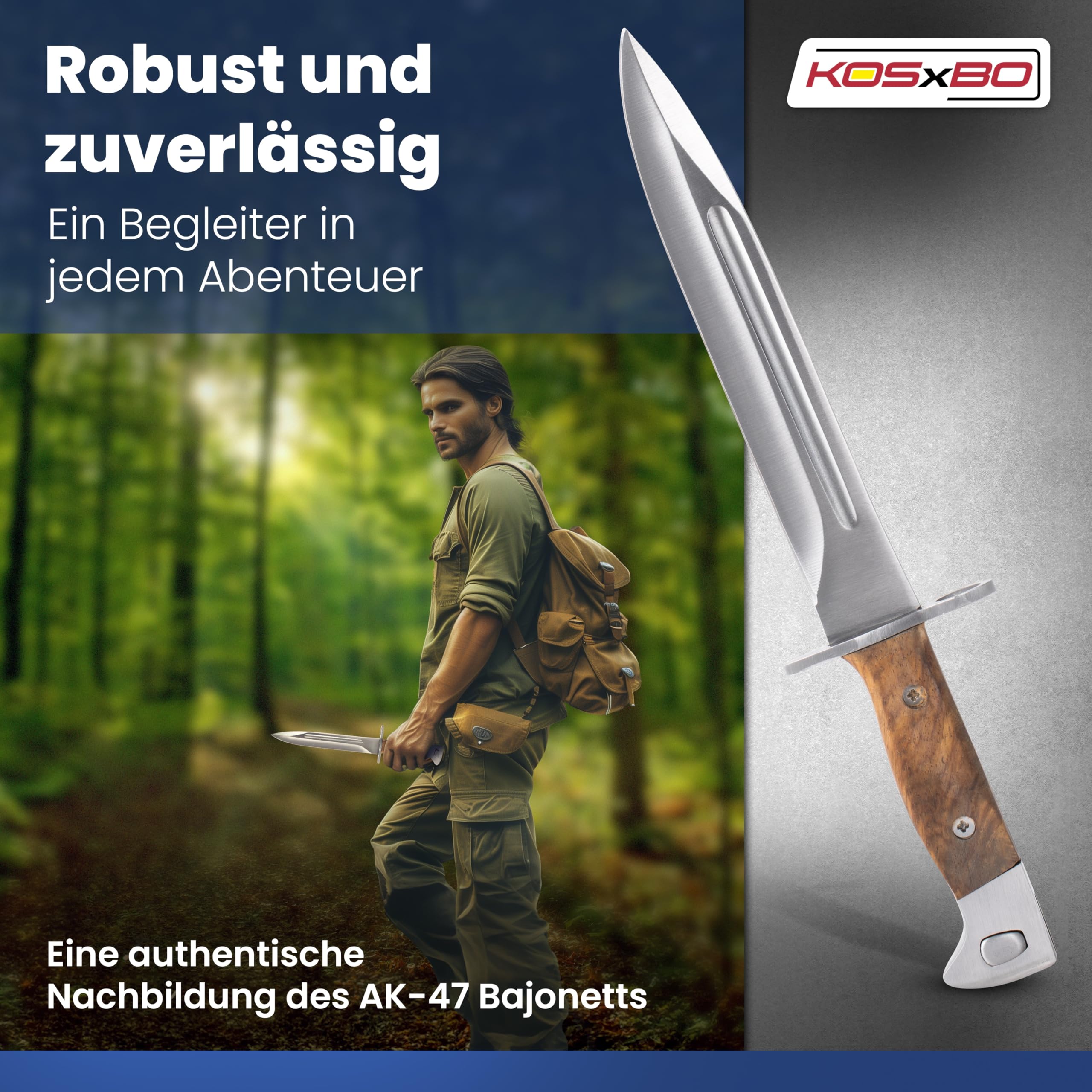 KOSxBO® AK UDSSR 47 Messer Bajonett inklusive Lederhülle Länge 31 cm AK Abfangmesser Jagd Angeln