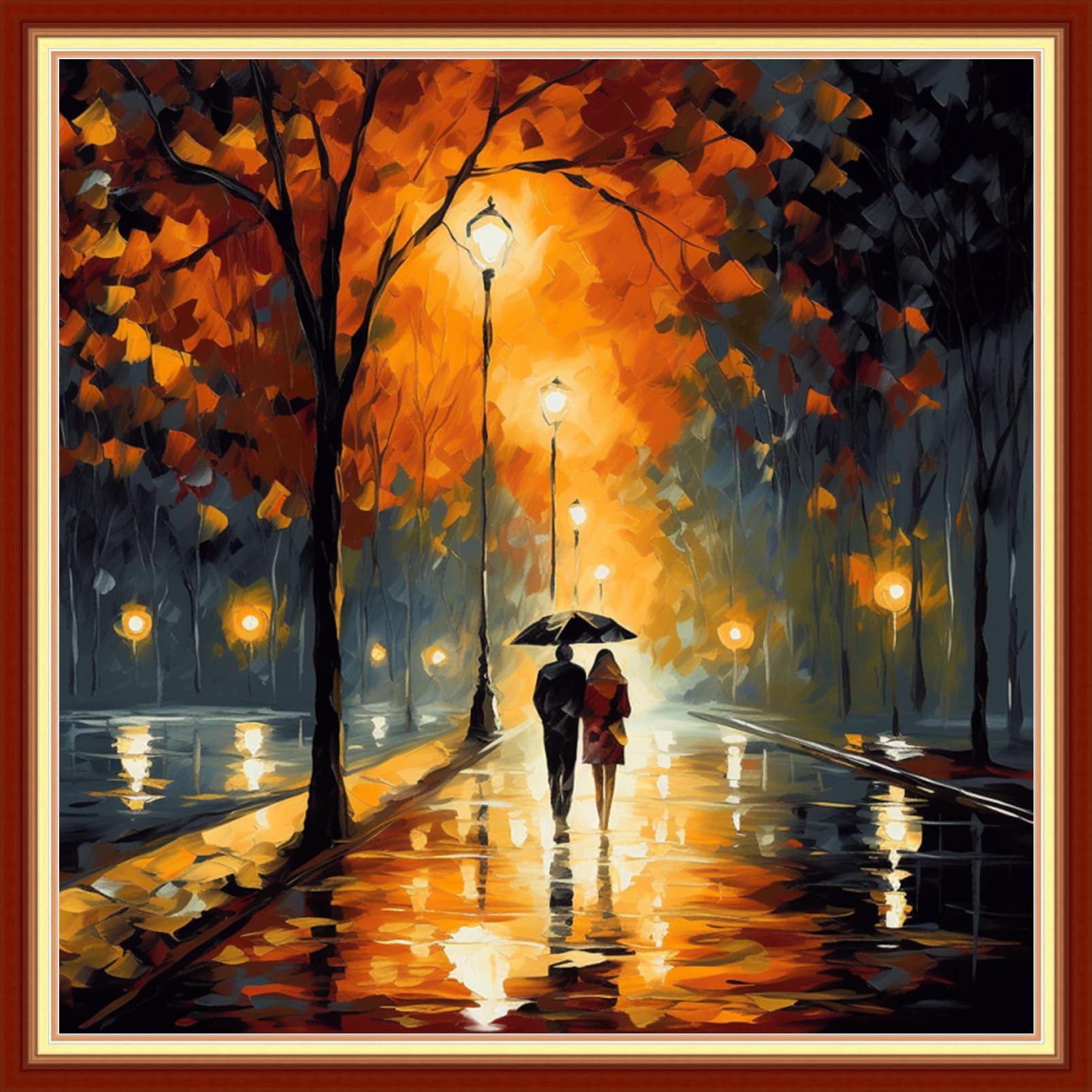 Joyhoor Stamped Cross Stitch Kits for Beginners Needlepoint Kits for Adults Embroidery Kits 11CT Counted Cross Stitch Kits Printed Embroidery Pattern-Strolling on a Rainy Night 18x18 inchs