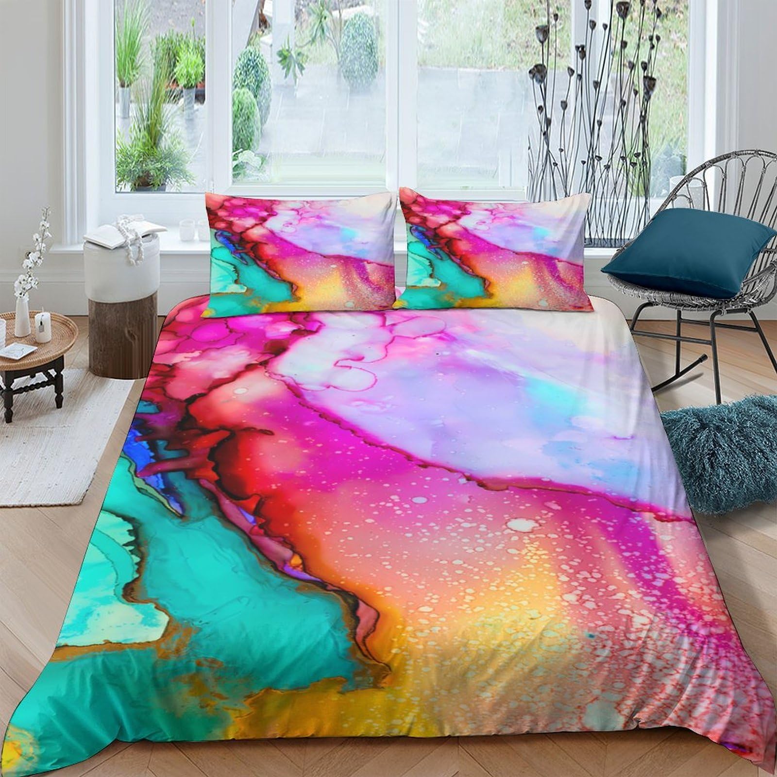Ctjqhvkz Style-10 3D Printed Abstract Watercolor Fitted Sheet Microfiber Soft Multicolor Marble Mattress Cover Bedroom Decor Single（135X200cm）