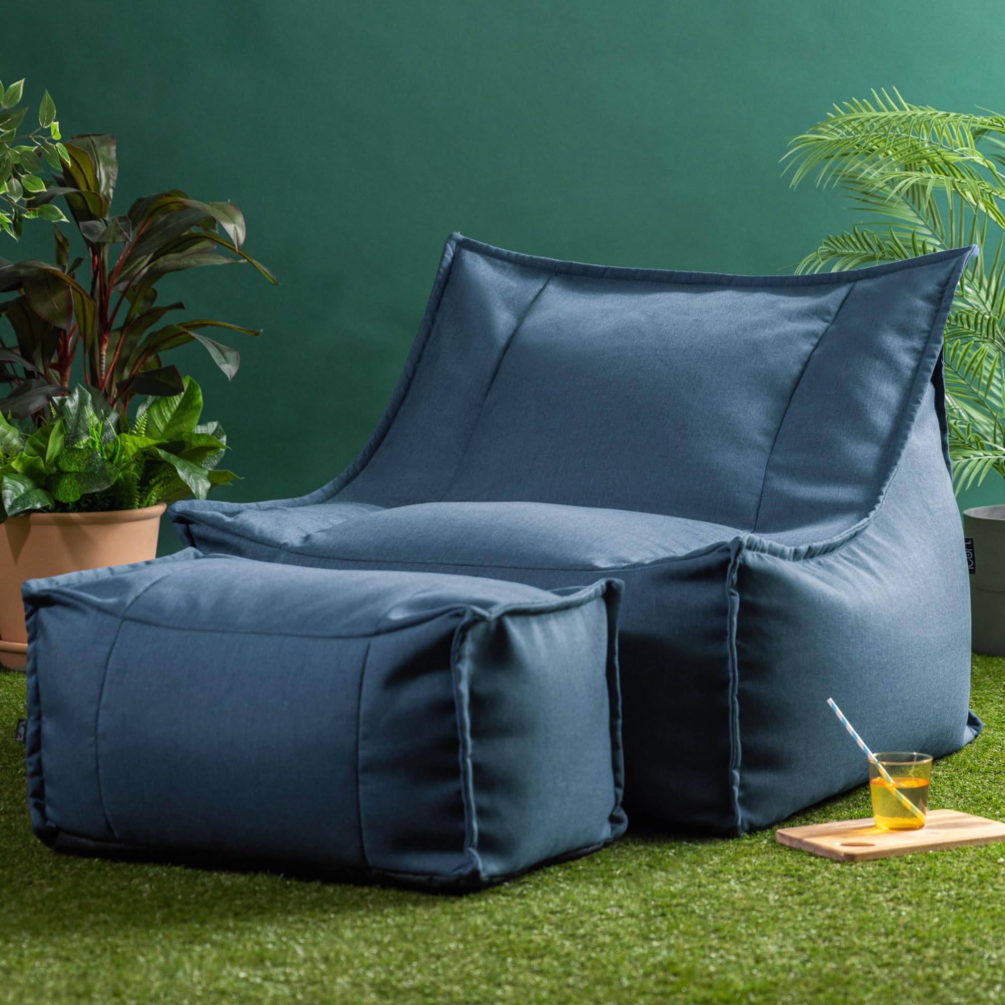 icon Alto Pouf Poltrona Sacco con Poggiapiedi, Blu Denim, Pouf de Esterno, Poltrona Sacco con Riempimento Incluso, Tessuto Resistente All'acqua, Sedia de Gardino, Mobili da Gardino, Terrazza