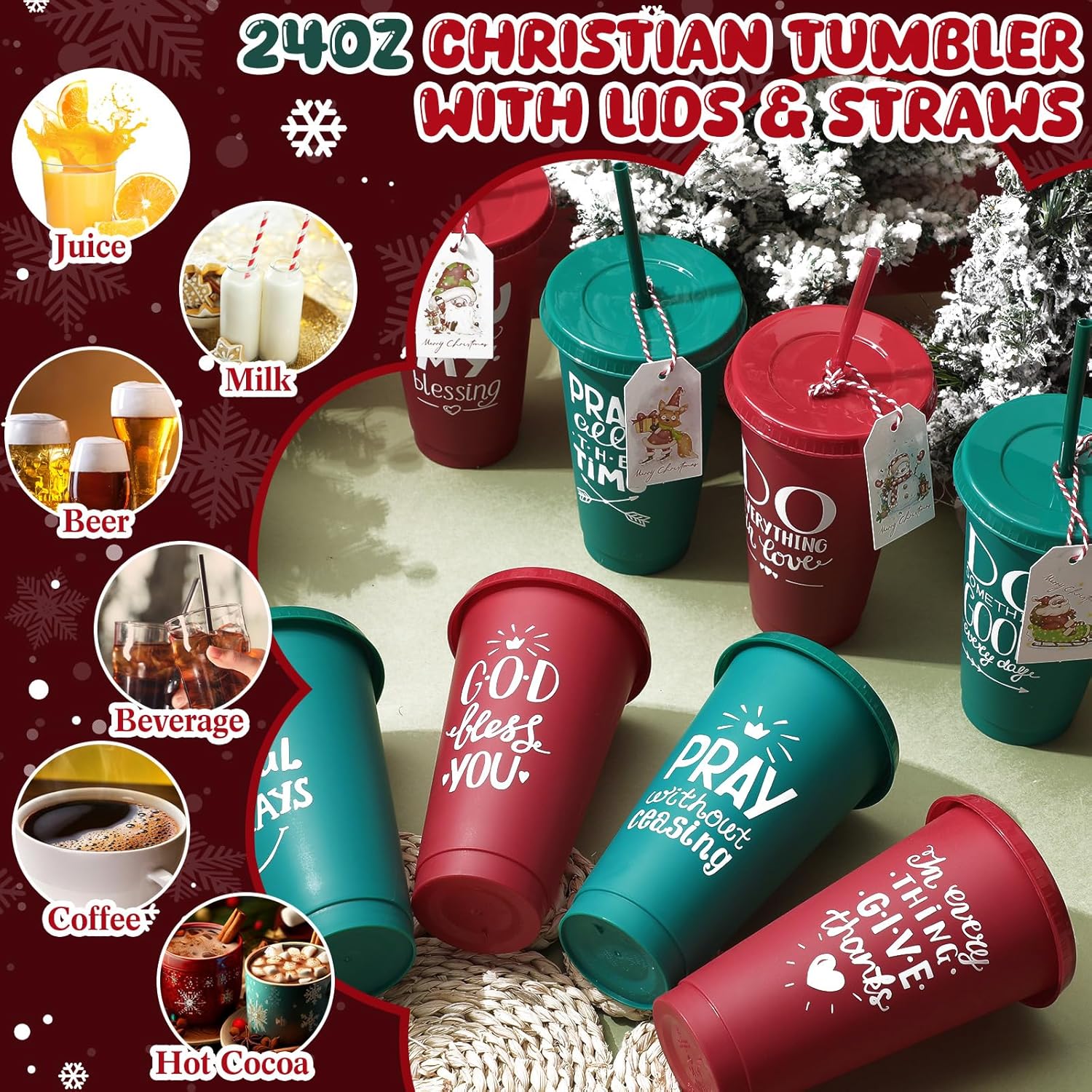 24set Christmas Christian Gifts Bulk for Coworker Employee 24oz Bible Verse Plastic Cups with Lid Straw Card Reusable Red Green Religious Gift for Teacher Staff Church Member(Cute) - Image 6